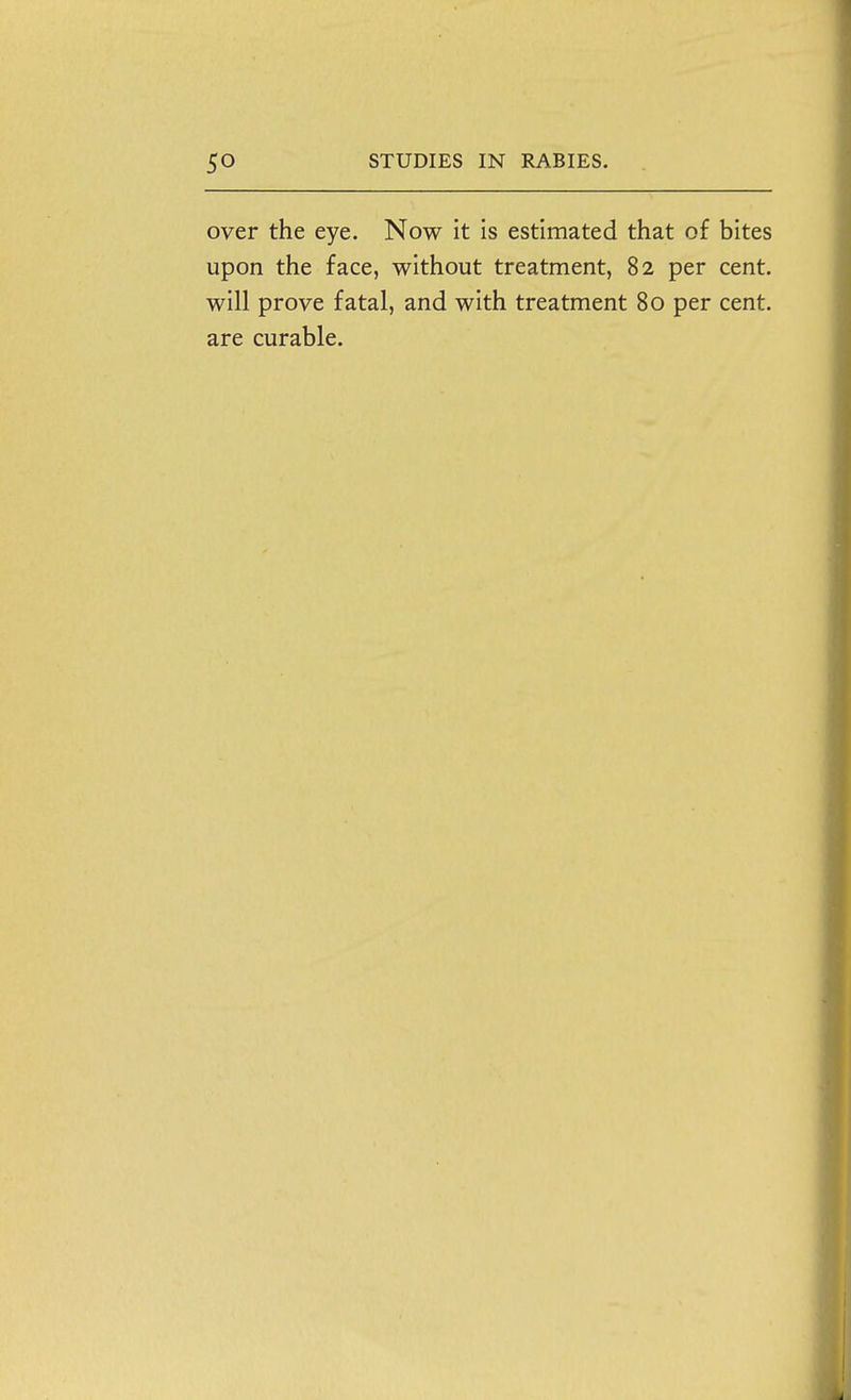 over the eye. Now it is estimated that of bites upon the face, without treatment, 82 per cent, will prove fatal, and with treatment 80 per cent, are curable. A
