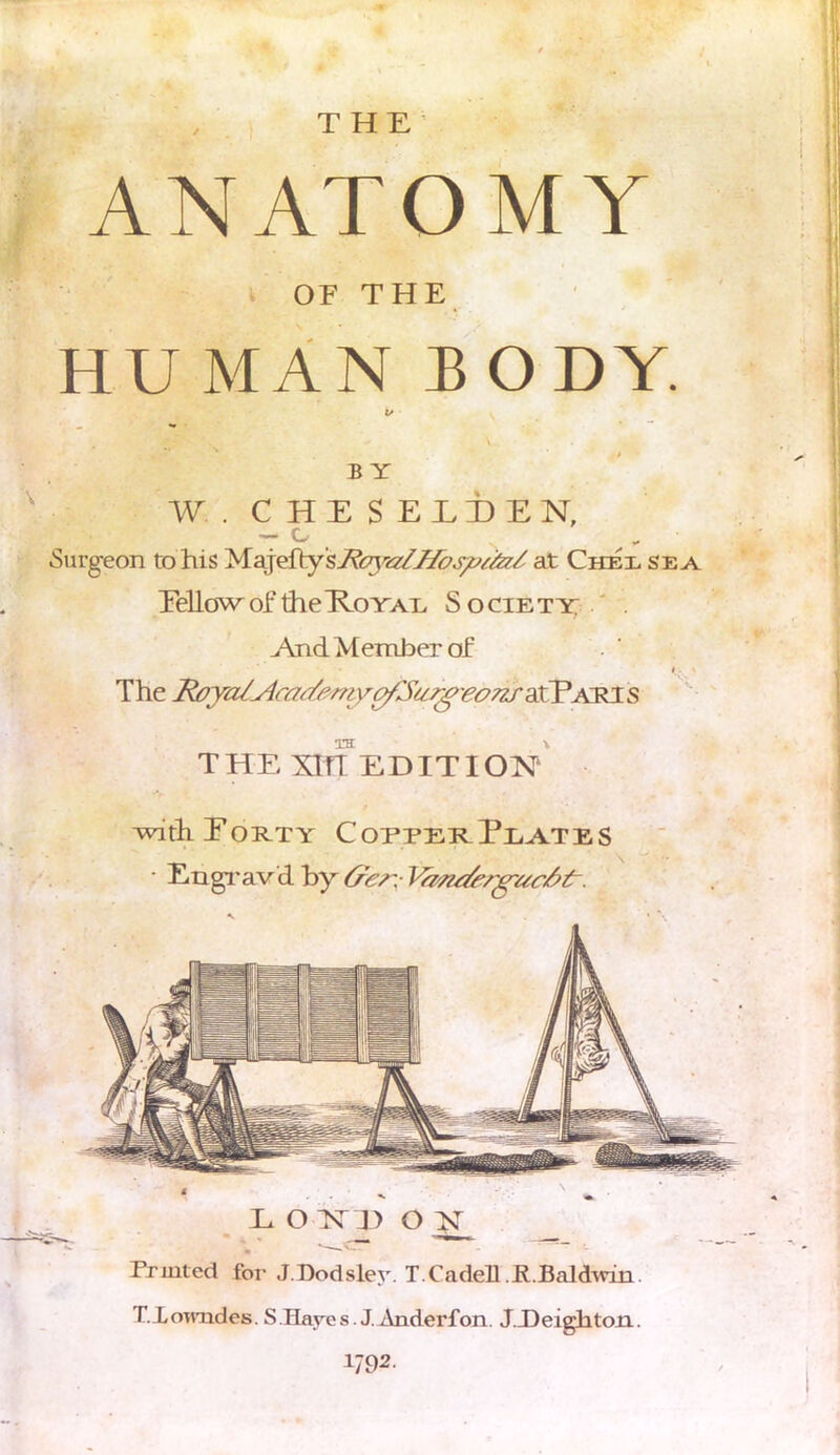 THE ANATOMY OF THE HUMAN BODY. W. CHESEE±>EN, Surgeon to his Majefty'sT^^v^j^^/ at Chel sea EellowoftheHoYAi* Society And Member of The Royal'Academy ofSutgeoTtfdX^&Kis THE XITI EDITION withEoRTY COPPERPLATES • Engravd by (re/. Vanderg-uabtr. «—CT* •- Fruited for JDodsley. T.CadeD .R.Baldwin. T.Xoimdes. S.Hayes. J.Anderfon. J.JDeighton. 1792.