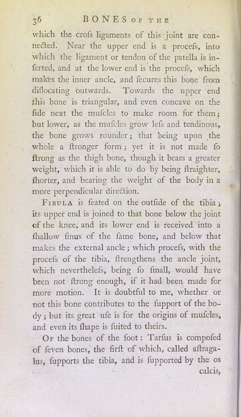 which the crofs ligaments of this joint are con- nected. Near the upper end is a procefs, into which the ligament or tendon of the patella is in- ferted, and at the lower end is the procefs, which mak'es the inner ancle, and fecures this bone from diflocating outwards. Towards the upper end this bone is triangular, and even concave on the fide next the mufcles to make room for them; but lower, as the mufcles grow lefs and tendinous, the bone grows rounder; that being upon the whole a ftronger form; yet it is not made fo ftrong as the thigh bone, though it bears a greater weight, which it is able to do by being ftraighter, fhorter, and bearing the weight of the body in a more perpendicular direction. Fibula is feated on the outfide of the tibia; its upper end is joined to that bone below the joint of the knee, and its lower end is received into a mallow finus of the fame bone, and below that makes the external ancle; which procefs, with the procefs of the tibia, flrengthens the ancle joint, which neverthelefs, being fo fmall, would have been not ftrong enough, if it had been made for more motion. It is doubtful to me, whether or not this bone contributes to the fupport of the bo- dy ; but its great ufe is for the origins of mufcles, and even its fhape is fuited to theirs. Of the bones of the foot: Tarfus is compofed of feven bones, the firft of which, called aftraga- lus, fupports the tibia, and is fupported by the os calcis,