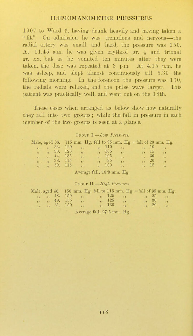 1907 to Ward o, having drunk heavily and having taken a  fit. On admission he was tremulous and nervous—the radial artery was small and hard, the pressure was 150. At 11.45 a.m. lie was given erythrol gr. ^ and trional gr. XX, but as he vomited ten minutes after they were taken, the dose was repeated at 3 p.m. At 4.15 p.m. he was asleep, and slept almost continuously till 5.30 the following morning. In the forenoon the pressure was 130, the radials were relaxed, and the pulse wave larger. This patient was practically well, and went out on the 18th. These cases when arranged as below show how naturally they fall into two groups; while the fall in pressure in each member of the two groups is seen at a glance. Group I.—Low Pressures. Male, aged 36. „ 33. „ 30. „ 44. „ 38. „ 50. 115 mm. H«. fell to 95 mm. Hs. = fall of 20 mm 120 120 135 115 115 110 105 105 95 100 10 15 30 20 15 Avcage fall, 18'3 mm. Hg. Group II.—High Pressures. Male, aged 46. 150 mm. Hg. fell to 115 mm. Hg, ^fall of 35 mm. Hg. „ „ 48. 150 „ „ 125 „ „ 25 „ 49. 155 „ „ 125 „ „ 30 „ „ „ 31. 150 ,, „ 130 „ „ 20 Average fall, 27*5 mm. Hg. ri8