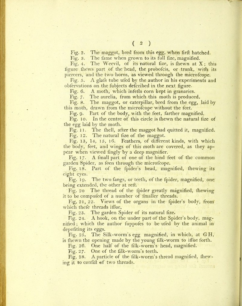 Fig. 2. The maggot, bred from this egg, when firfi: hatched. Fig. 3. The fame when grown to its full fize, magnified. Fig. 4. The Weevil, of its natural fize, is (hewn at X ; this figure thews part of the head, the probofcis, or trunk, with its piercers, and the two horns, as viewed through the microfcope. Fig. 5. A glals tube ufed by the author in his experiments and obfervations on the fubjects described in the next figure. Fig. 6. A moth, which infetls corn kept in granaries. Fig. 7. The aurelia, from which this moth is produced. Fig. 8. The maggot, or caterpillar, bred from the egg, laid by this moth, drawn from the microfcope without the feet. Fig. 9. Part of the body, with the feet, farther magnified. Fig. 10. In the centre of this circle is lhewn the natural fize of the egg laid by the moth. Fig. 11. The Ihell, after the maggot had quitted it, magnified. Fig. ] 2. The natural fize of the maggot. Fig. 13, 14, 15, 16. Feathers, of different kinds, with which the body, feet, and wings of this moth are covered, as they ap- pear when viewed fingly by a deep magnifier. Fig. 17. A fmall part of one of the hind feet of the common garden Spider, as feen through the microfcope. Fig. 18. Part of the fpider’s head, magnified, file wing its eight eyes. y.. ; Fig. 19. The two fangs, or teeth, of the fpider, magnified, one being extended, the other at relt. Fig. 20 The thread of the fpider greatly magnified, file wing it to be compofed of a number of fmaller threads. Fig. 21, 22. Views of the organs in the fpider’s body, from which thefe threads ifiue. Fig. 23. The garden Spider of its natural fize. Fig. 24. A hook, on the under part of the Spider’s body, mag- nified ; which the author fuppofes to be ufed by the animal in depofiting its eggs. Fig. 25. The Silk-worm’s egg magnified, in which, at GH, is lhewn the opening made by the young filk-worm to ifiue forth. Fig. 2(5. One half of the filk-worm’s head, magnified. Fig. 27. One of the filk-worm’s teeth. Fig. 28. A particle of the filk-worm’s thread magnified, Ihe.w- ing it to confift of two threads.