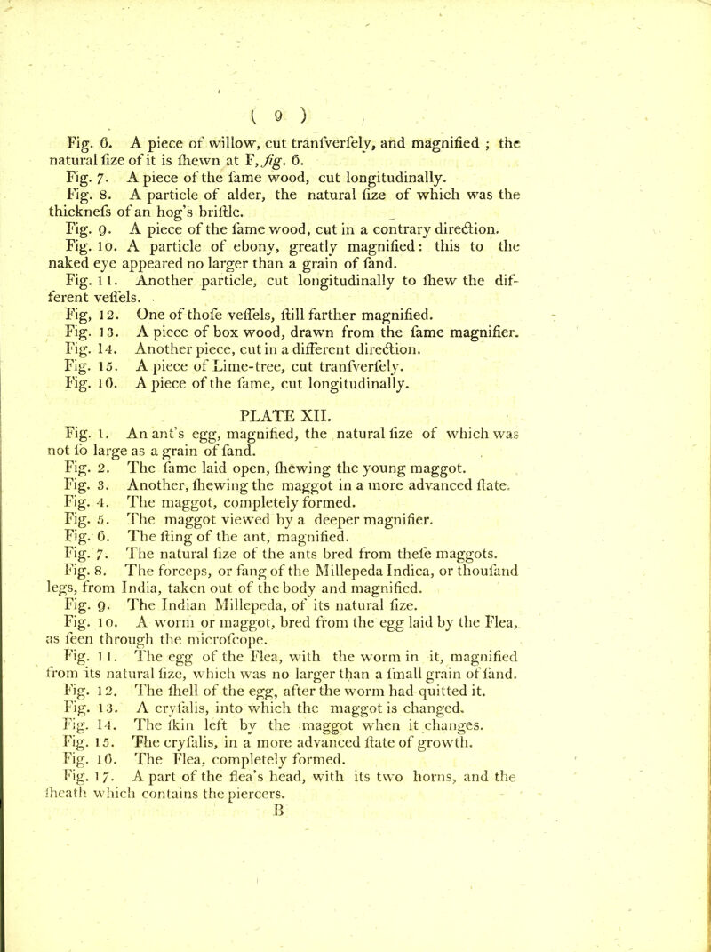 Fig. 6. A piece of willow, cut tranfverfely, and magnified ; the natural fize of it is fiiewn at F,Jig. 6. Fig. 7> Apiece of the fame wood, cut longitudinally. Fig. 8. A particle of alder, the natural fize of which was the thicknefs of an hog’s brittle. Fig. Q. A piece of the fame wood, cut in a contrary direction. Fig. 10. A particle of ebony, greatly magnified: this to the naked eye appeared no larger than a grain of fand. Fig. 11. Another particle, cut longitudinally to fhew the dif- ferent vefiels. Fig, 12. One of thofe vefiels, ftill farther magnified. Fig. 13. Apiece of box wood, drawm from the fame magnifier. Fig. 14. Another piece, cut in a different direction. Fig. 15. Apiece of Lime-tree, cut tranfverfely. Fig. 10. A piece of the fame, cut longitudinally. PLATE XII. Fig. 1. An ant’s egg, magnified, the natural fize of which was not fo large as a grain of fand. Fig. 2. The fame laid open, fliewing the young maggot. Fig. 3. Another, fliewing the maggot in a more advanced ftate. Fig. 4. The maggot, completely formed. Fig. 5. The maggot viewed by a deeper magnifier. Fig. 0. The fling of the ant, magnified. Fig. 7. The natural fize of the ants bred from thefe maggots. Fig. 8. The forceps, or fang of the Millepeda Indica, or thoufand legs, from India, taken out of the body and magnified. Fig- Q. The Indian Millepeda, of its natural fize. Fig. lo. A worm or maggot, bred from the egg laid by the Flea, as feen through the microfcope. Fig. l l. The egg of the Flea, with the w orm in it, magnified from its natural fize, which was no larger than a fmall grain of fand. Fig. 12. The fhell of the egg, after the worm had quitted it. Fig. 13. A cryfalis, into which the maggot is changed. Fig. 14. The fkin left by the maggot wdien it changes. Fig. 15. The cryfalis, in a more advanced fiate of growth. Fig. lfi. The Flea, completely formed. Fig. 17. Apart of the flea’s head, with its two horns, and the fheath which contains the piercers. B