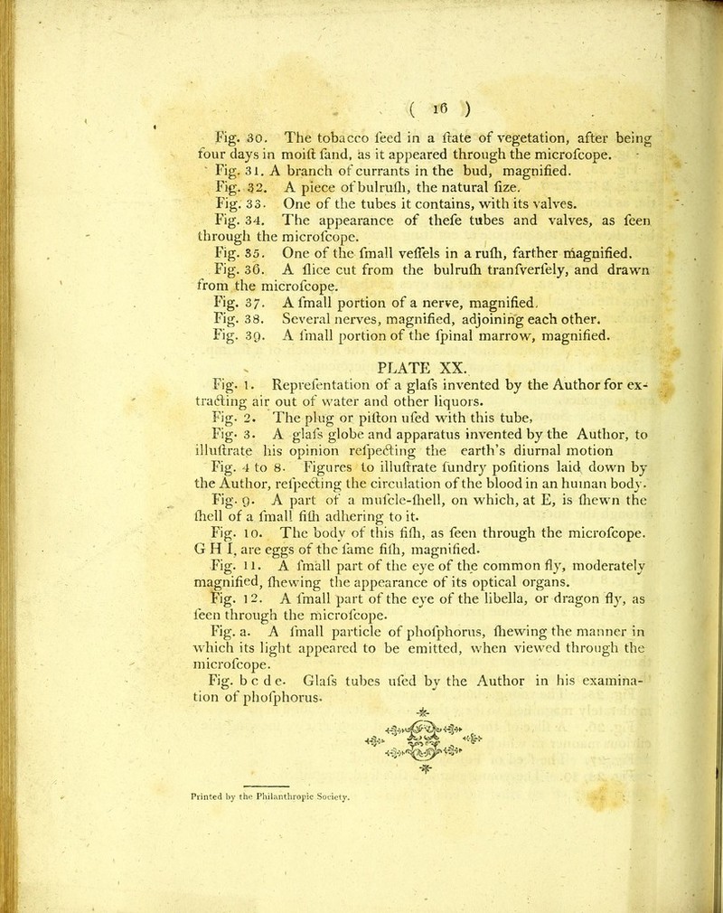 ( 10 ) Fig. 30. The tobacco feed in a ftate of vegetation, after being four days in moift fand, hs it appeared through the microfcope. Fig. 31. A branch of currants in the bud, magnified. Fig. 32. A piece of bulrufli, the natural fize. Fig. 33. One of the tubes it contains, with its valves. Fig. 34. The appearance of thefe tubes and valves, as feen through the microfcope. Fig. 35. One of the fmall veffels in a rufh, farther magnified. Fig. 36. A dice cut from the bulrufli tranfverfely, and drawn from the microfcope. Fig. 37. A fmall portion of a nerve, magnified. Fig. 38. Several nerves, magnified, adjoining each other. Fig. 3Q. A fmall portion of the fpinal marrow, magnified. PLATE XX. Fig. 1. Reprefentation of a glafs invented by the Author for ex- tracting air out of water and other liquors. Fig. 2. The plug or pifion ufed with this tube, Fig. 3. A glafs globe and apparatus invented by the Author, to illuftrate his opinion relpeCting the earth’s diurnal motion Fig. 4 to 8. Figures to illuftrate fundry pofitions laid down by the Author, refpeCting the circulation of the blood in an human body. Fig. g. A part of a mufcle-fhell, on which, at E, is fliewn the thell of a fmall fifli adhering to it. Fig. to. The body of this fifli, as feen through the microfcope. G H I, are eggs of the fame fifli, magnified. Fig. ll. A fmall part of the eye of the common fly, moderately magnified, fhewing the appearance of its optical organs. Fig. 12. A fmall part of the eye of the libella, or dragon fly, as feen through the microfcope. Fig. a. A fmall particle of phofphorus, fhewing the manner in which its light appeared to be emitted, when viewed through the microfcope. Fig. be de. Glafs tubes ufed by the Author in his examina- tion of phofphorus. nt-> -im- printed by the Philanthropic Socict}'.