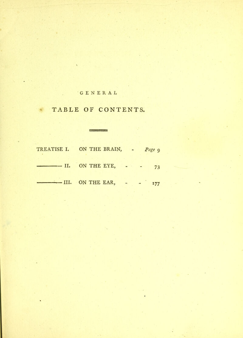 \ 'GENERAL TABLE OF CONTENTS* TREATISE I. ON THE BRAIN, Page 9 — II. ON THE EYE, 73 —— HR ON THE EAR, *77