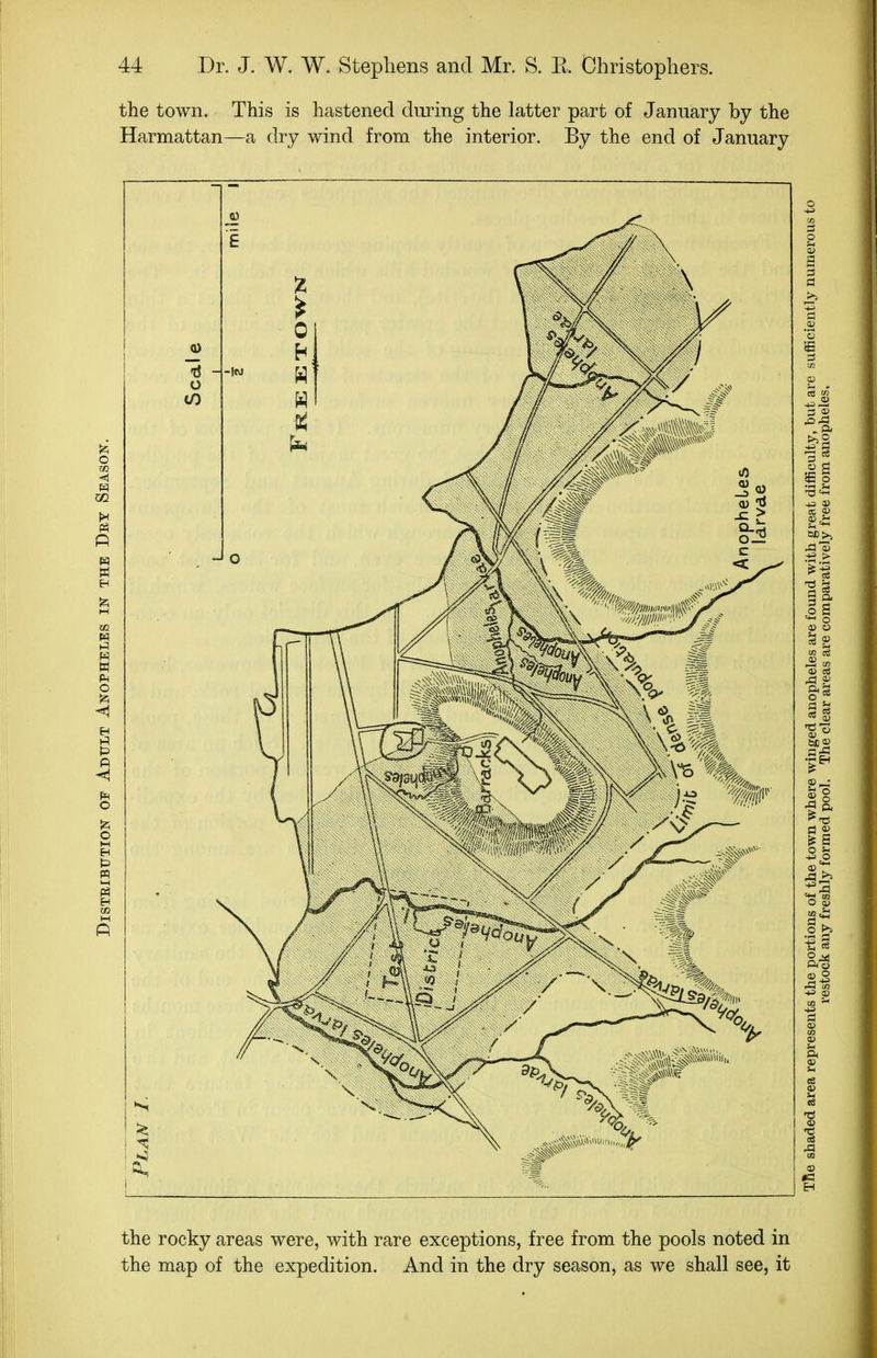 the town. This is hastened during the latter part of January hy the Harmattan—a dry wind from the interior. By the end of January the rocky areas were, with rare exceptions, free from the pools noted in the map of the expedition. And in the dry season, as we shall see, it