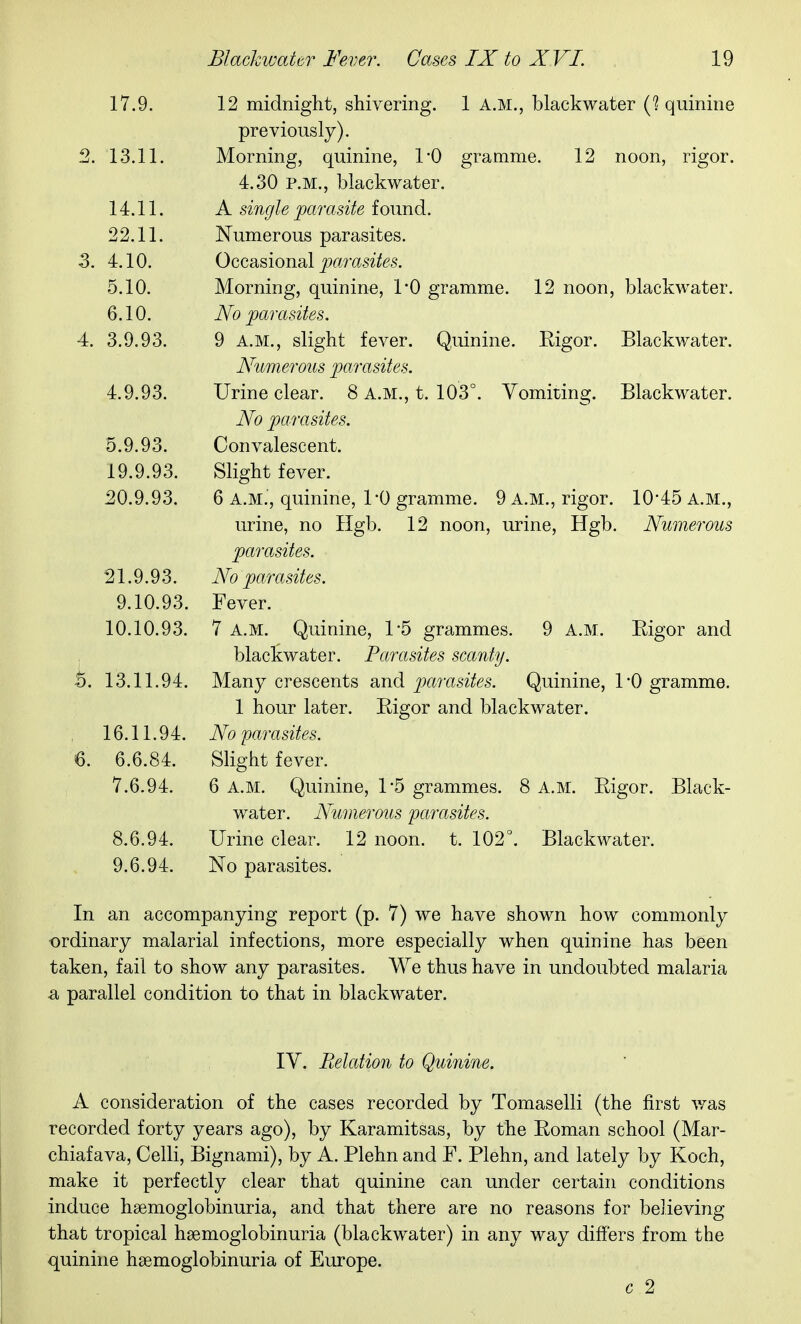 1 7 Q 12 midnight, shivering. 1 A.M., blackwater {% quinine jjl D V iU Ublj' ) . 13.11. Morning, quinine, 1*0 gramme. 12 noon, rigor. A. %(\ X> TVr 1~>1 Q p IrwQ'i'PT* ^.0\} Jr.iVl., UidjL;lVW dUDi . 14.11. A sincjle pct7'cisite found.. 09 11 i^umeioiis paiciisiicb. 4-10 vyOuctiblUllcll UUI Lvoit/to, 5.10. i>ioiiniJg, quinine, i u giciiiiiiie. noon uiaLKW ciLei. 1 0 3.9.93. 9 A.M., slight fever. Quinine. Rigor. JjlacKwater. ITtlPTOllA TinTfi '<lt(' ^ 4.9.93. Urine clear. 8 A.M., t. 103°. Vomiting. Blackwater. No parasites. 5.9.93. Convalescent. 19.9.93. Slight fever. 20.9.93. 6 A.M., quinine, I'O gramme. 9 A.M., rigor. 10-45 A.M., Hgb. 12 noon, urine, Hgb. Numerous 21.9.93. 9.10.93. 10.10.93. t). 13.11.94. 16.11.94. 6. 6.6.84. 7.6.94. 8.6.94. 9.6.94. 9 A.M. Rigor and urme, no parasites. No parasites. Fever. 7 A.M. Quinine, 1*5 grammes, blackwater. Parasites scanty. Many crescents and parasites. Quinine, 1 0 gramme. 1 hour later. Rigor and blackwater. No parasites. Slight fever. 6 A.M. Quinine, 1*5 grammes. water. Numerous parasites. Urine clear. 12 noon. t. 102°. No parasites. A.M. Rigor. Black- Blackwater. In an accompanying report (p. 7) we have shown how commonly ordinary malarial infections, more especially when quinine has been taken, fail to show any parasites. We thus have in undoubted malaria a parallel condition to that in blackwater. IV. Relation to Quinine. A consideration of the cases recorded by Tomaselli (the first v/as recorded forty years ago), by Karamitsas, by the Roman school (Mar- chiafava, Celli, Bignami), by A. Plehn and F. Plehn, and lately by Koch, make it perfectly clear that quinine can under certain conditions induce hsemoglobinuria, and that there are no reasons for bejieving that tropical haemoglobinuria (blackwater) in any way differs from the quinine hsemoglobinuria of Europe. c 2