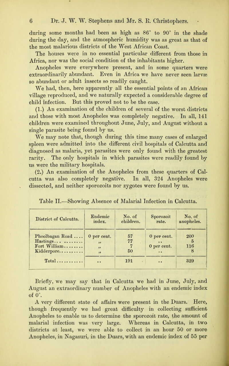 during some months had heen as high as 86° to 90° in the shade during the day, and the atmospheric humidity was as great as that of the most malarious districts of the West African Coast. The houses were in no essential particular different from those in Africa, nor was the social condition of the inhabitants higher. Anopheles were everywhere present, and in some quarters were extraordinarily abundant. Even in Africa we have never seen larvae so abundant or adult insects so readily caught. We had, then, here apparently all the essential points of an African village reproduced, and we naturally expected a considerable degree of child infection. But this proved not to be the case. (1.) An examination of the children of several of the worst districts and those with most Anopheles was completely negative. In all, 141 children were examined throughout June, July, and August without a single parasite being found by us. We may note that, though during this time many cases of enlarged spleen were admitted into the different civil hospitals of Calcutta and diagnosed as malaria, yet parasites were only found with the greatest rarity. The only hospitals in which parasites were readily found by us were the military hospitals. (2.) An examination of the Anopheles from these quarters of Cal- cutta was also completely negative. In all, 324 Anopheles were dissected, and neither sporozoits nor zygotes were found by us. Table II.—Showing Absence of Malarial Infection in Calcutta. District of Calcutta. Endemic index. No. of children. Sporozoit rate. No. of anopheles. Phoolbagan Eoad .... Total 0 per cent. 57 77 7 50 0 per cent. 0 per cent. 200 5 116 8 191 329 Briefly, we may say that in Calcutta we had in June, July, and August an extraordinary number of Anopheles with an endemic index of 0°. A very different state of affairs were present in the Duars. Here, though frequently we had great difficulty in collecting sufficient Anopheles to enable us to determine the sporozoit rate, the amount of malarial infection was very large. Whereas in Calcutta, in two districts at least, we were able to collect in an hour 50 or more Anopheles, in Nagasuri, in the Daars, with an endemic index of 55 per