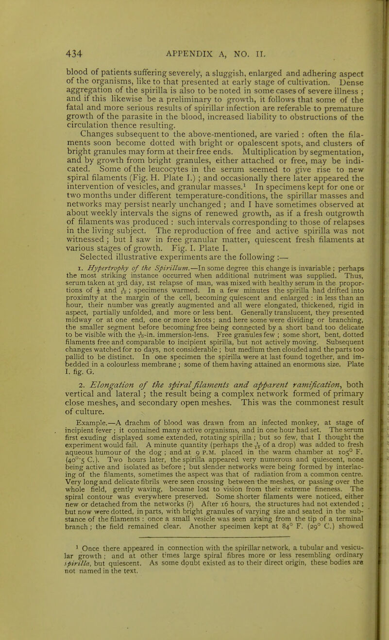 blood of patients suffering severely, a sluggish, enlarged and adhering aspect of the organisms, like to that presented at early stage of cultivation. Dense aggregation of the spirilla is also to be noted in some cases of severe illness ; and if this likewise be a preliminary to growth, it follows that some of the fatal and more serious results of spirillar infection are referable to premature growth of the parasite in the blood, increased liability to obstructions of the circulation thence resulting. Changes subsequent to the above-mentioned, are varied : often the fila- ments soon become dotted with bright or opalescent spots, and clusters of bright granules may form at their free ends. MultipHcation by segmentation, and by growth from bright granules, either attached or free, may be indi- cated. Some of the leucocytes in the serum seemed to give rise to new spiral filaments (Fig. H. Plate I.); and occasionally there later appeared the intervention of vesicles, and granular masses.^ In specimens kept for one or two months under different temperature-conditions, the spirillar masses and networks may persist nearly unchanged ; and I have sometimes observed at about weekly intervals the signs of renewed growth, as if a fresh outgrowth of filaments was produced : such intervals corresponding to those of relapses in the living subject. The reproduction of free and active spirilla was not witnessed; but I saw in free granular matter, quiescent fresh filaments at various stages of growth. Fig. I. Plate I. Selected illustrative experiments are the following :— 1. Hypertrophy of the Spirillum.—In some degree this change is invariable ; perhaps the most striking instance occurred when additional nutriment was supplied. Thus, serum taken at 3rd day, ist relapse of man, was mixed with healthy serum in the propor- tions of ^ and 1^ ; specimens warmed. In a few minutes the spirilla had drifted into proximity at the margin of the cell, becoming quiescent and enlarged : in less than an hour, their number was greatly augmented and all were elongated, thickened, rigid in aspect, partially unfolded, and more or less bent. Generally translucent, they presented midway or at one end, one or more knots; and here some were dividing or branching, the smaller segment before becoming free being connected by a short band too delicate to be visible with the rs-in. immersion-lens. Free granules few ; some short, bent, dotted filaments free and comparable to incipient spirilla, but not actively moving. Subsequent changes watched for 10 days, not considerable ; but medium then clouded and the parts too pallid to be distinct. In one specimen the spirilla were at last found together, and im- bedded in a coloiuless membrane ; some of them having attained an enormous size. Plate I. fig. G. 2. Elongation of the spiral filaments and apparent ramification.^ both vertical and lateral; the result being a complex network formed of primary close meshes, and secondary open meshes. This was the commonest result of culture. Example.—A drachm of blood was drawn from an infected monkey, at stage of incipient fever ; it contained many active organisms, and in one hour had set. The serum first exuding displayed some extended, rotating spirilla ; but so few, that I thought the experiment would fail. A minute quantity (perhaps the of a- drop) was added to fresh aqueous humour of the dog ; and at 9 p. M. placed in the warm chamber at 105° F. (40°5 C). Two hours later, the spirilla appeared very numerous and quiescent, none being active and isolated as before ; but slender networks were being formed by interlac- ing of the filaments, sometimes the aspect was that of radiation from a common centre. Very long and delicate fibrils were seen crossing between the meshes, or passing over the whole field, gently waving, became lost to vision from their extreme fineness. The spiral contour was everywhere preserved. Some shorter filaments were noticed, either new or detached from the networks (?) After 16 hours, the structures had not extended ; but now were dotted, in parts, with bright granules of varying size and seated in the sub- stance of the filaments : once a small vesicle was seen arising from the tip of a terminal branch; the field remained clear. Another specimen kept at 84° F. (29° C.) showed ' Once there appeared in connection with the spirillar network, a tubular and vesicu- lar growth ; and at other t'mes large spiral fibres more or less resembling ordinary spirilla, but quiescent. As some doubt existed as to their direct origin, these bodies are not named in the text.