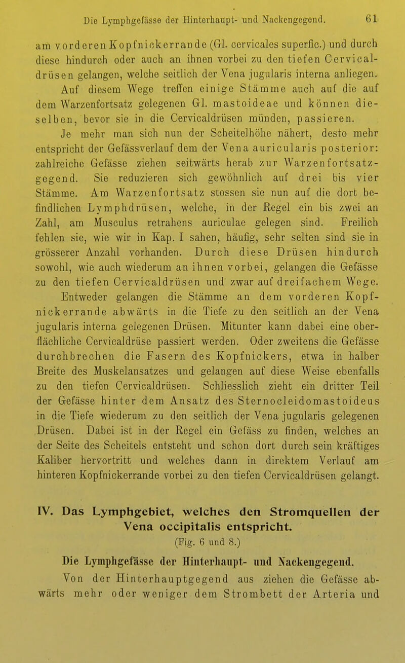 am vorderen Kopfnickerrande (Gl. cervicales superfic) und durch diese hindurch oder auch an ihnen vorbei zu den tiefen Cervical- drüsen gelangen, welche seitlich der Vena jugularis interna anliegen. Auf diesem Wege treffen einige Stämme auch auf die auf dem Warzenfortsatz gelegenen Gl. mastoideae und können die- selben, bevor sie in die Cervicaldrüsen münden, passieren. Je mehr man sich nun der Scheitelhöhe nähert, desto mehr entspricht der Gefässverlauf dem der Vena auricularis posterior: zahlreiche Gefässe ziehen seitwärts herab zur Warzenfortsatz- gegend. Sie reduzieren sich gewöhnlich auf drei bis vier Stämme. Am Warzenfortsatz stossen sie nun auf die dort be- findlichen Lymphdrüsen, welche, in der Regel ein bis zwei an Zahl, am Musculus retrahens auriculae gelegen sind. Freilich fehlen sie, wie wir in Kap. I sahen, häufig, sehr selten sind sie in grösserer Anzahl vorhanden. Durch diese Drüsen hindurch sowohl, wie auch wiederum an ihnen vorbei, gelangen die Gefässe zu den tiefen Cervicaldrüsen und zwar auf dreifachem Wege. Entweder gelangen die Stämme an dem vorderen Kopf- nickerrande abwärts in die Tiefe zu den seitlich an der Vena jugularis interna gelegenen Drüsen. Mitunter kann dabei eine ober- flächliche Cervicaldrüse passiert werden. Oder zweitens die Gefässe durchbrechen die Fasern des Kopfnickers, etwa in halber Breite des Muskelansatzes und gelangen auf diese Weise ebenfalls zu den tiefen Cervicaldrüsen. Schliesslich zieht ein dritter Teil der Gefässe hinter dem Ansatz des Sternocleidomastoideus in die Tiefe wiederum zu den seitlich der Vena jugularis gelegenen Drüsen. Dabei ist in der Regel ein Gefäss zu finden, welches an der Seite des Scheitels entsteht und schon dort durch sein kräftiges Kaliber hervortritt und welches dann in direktem Verlauf am hinteren Kopfnickerrande vorbei zu den tiefen Cervicaldrüsen gelangt. IV. Das Lymphgebiet, welches den Stromquellen der Vena occipitalis entspricht. (Fig. 6 und 8.) Die Lymphgefässe der Hinterhaupt- und Nackeugegeiid. Von der Hinterhauptgegend aus ziehen die Gefässe ab- wärts mehr oder weniger dem Strombett der Arteria und