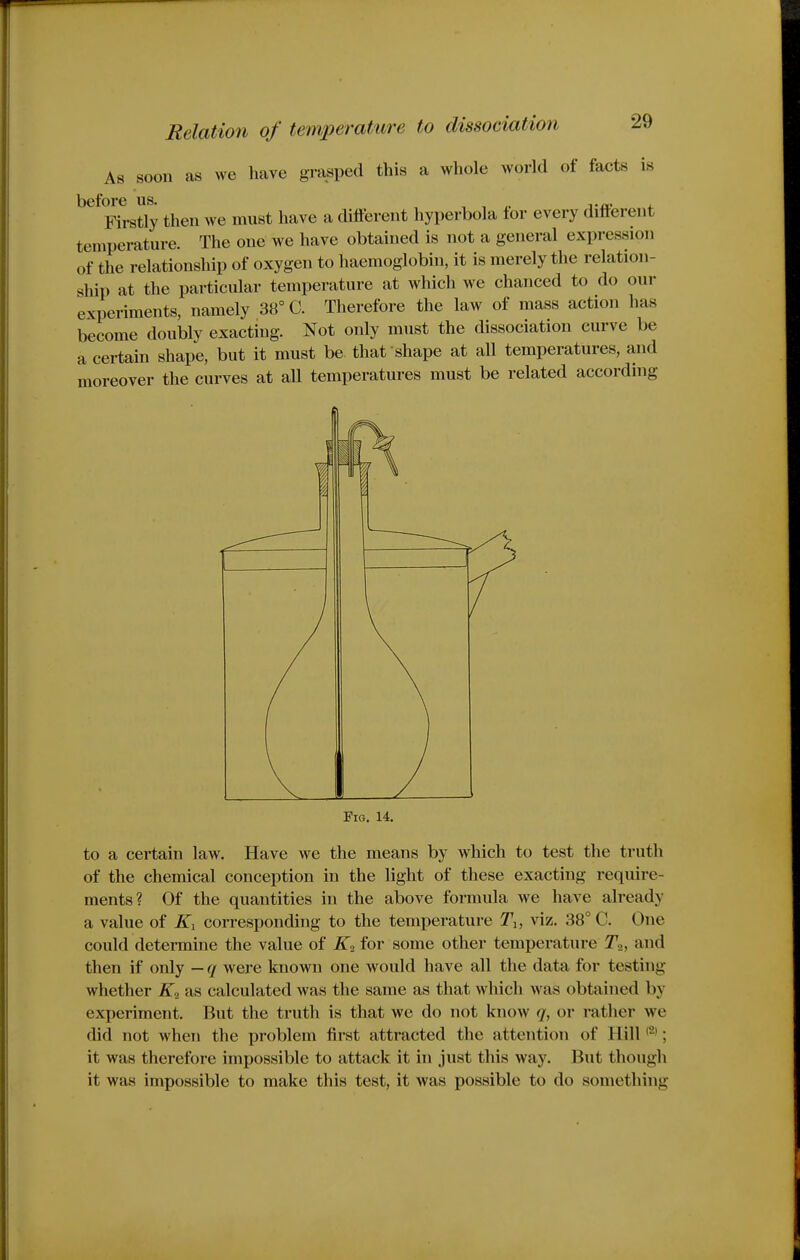 Relation of temperature to dissociation As soon as we have grasped this a whole world of facts is before us. , , , i-a? ^ Firstly then we must have a different hyperbola tor every different temperature. The one we have obtained is not a general expression of the relationship of oxygen to haemoglobin, it is merely the relation- ship at the particular temperature at which we chanced to do our experiments, namely 38° C. Therefore the law of mass action has become doubly exacting. Not only must the dissociation curve be a cei-tahi shape, but it must be that shape at all temperatures, and moreover the curves at all temperatures must be related according Fig. 14. to a certain law. Have we the means by which to test the truth of the chemical conception in the light of these exacting require- ments? Of the quantities in the above formula we have already a value of Ki corresponding to the temperature Ty, viz. 38° C. One could determine the value of K^. for some other temperature T., and then if only — q were known one would have all the data for testing whether as calculated was the same as that which was obtained by experiment. But the truth is that we do not know q, or rather we did not when the problem first attracted the attention of Hill ; it was therefore impossible to attack it in just this way. But though it was impossible to make this test, it was possible to do something