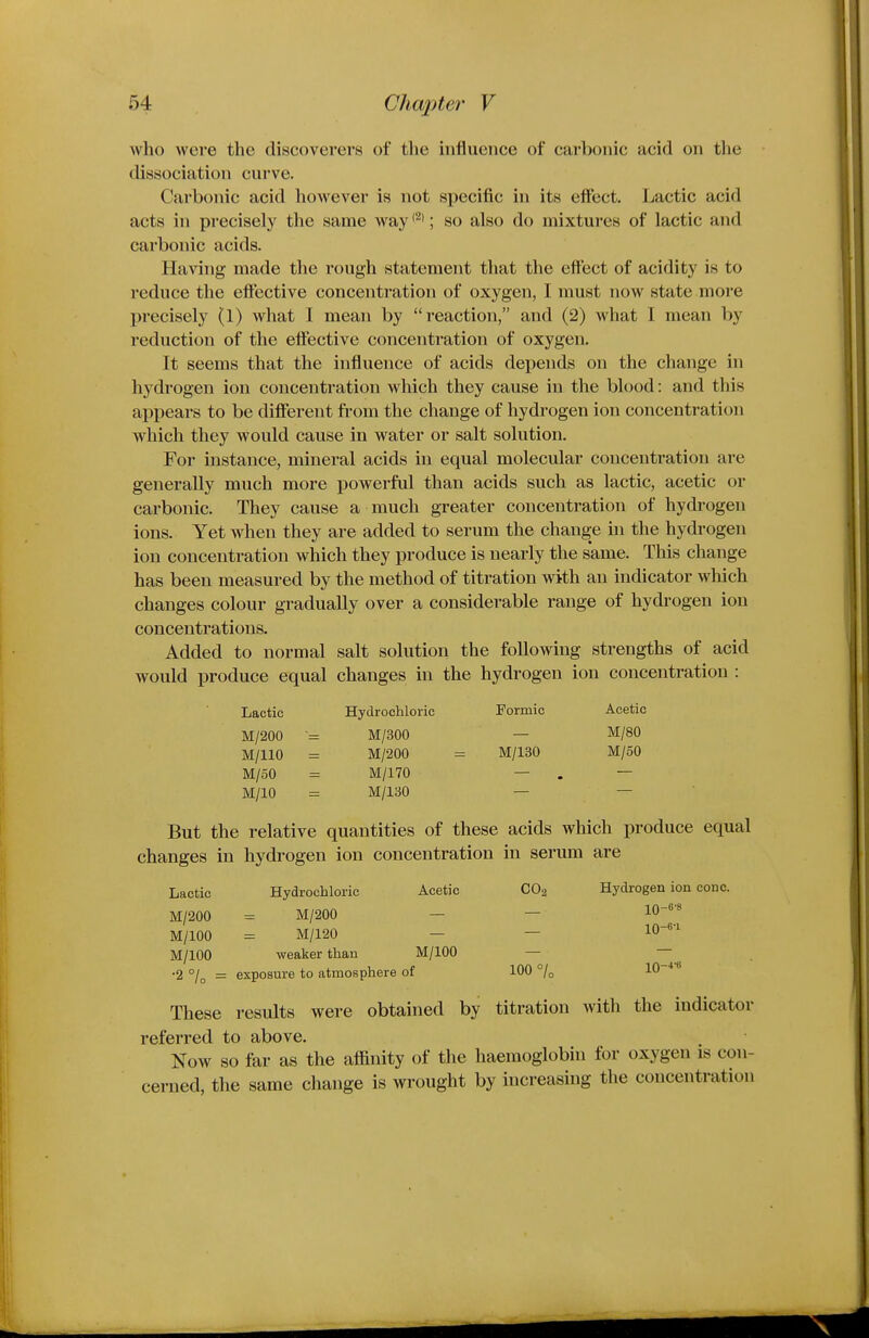 who were the discoverers of the influence of carbonic acid on the dissociation curve. Carbonic acid however is not specific in its effect. Lactic acid acts in precisely the same way ; so also do mixtures of lactic and carbonic acids. Having made the rough statement that the effect of acidity is to reduce the effective concentration of oxygen, I must now state more precisely (1) what I mean by reaction, and (2) what I mean l>y reduction of the effective concentration of oxygen. It seems that the influence of acids depends on the change in hydrogen ion concentration which they cause in the blood: and this appears to be diflferent from the change of hydrogen ion concentration which they would cause in water or salt solution. For instance, mineral acids in equal molecular concentration are generally much more powerful than acids such as lactic, acetic or carbonic. They cause a much greater concentration of hydrogen ions. Yet when they are added to serum the change in the hydrogen ion concentration which they produce is nearly the same. This change has been measured by the method of titration with an indicator which changes colour gradually over a considerable range of hydrogen ion concentrations. Added to normal salt solution the following strengths of acid would produce equal changes in the hydrogen ion concentration : Lactic Hydrochloric Formic Acetic M/200 -= M/300 — M/80 M/110 = M/200 = M/130 M/50 M/50 = M/170 — . — M/10 = M/130 — — But the relative quantities of these acids which produce equal changes in hydrogen ion concentration in serum are Lactic Hydrochloric Acetic COg Hydrogen ion couc. M/200 - M/200 — — lO]^^'' M/lOO = M/120 - — 10 M/lOO weaker than M/lOO — — •2 °/o — exposure to atmosphere of 100 °/o 10 These results were obtained by titration with the indicator referred to above. Now so far as the affinity of the haemoglobin for oxygen is con- cerned, the same change is wrought by increasing the concentration