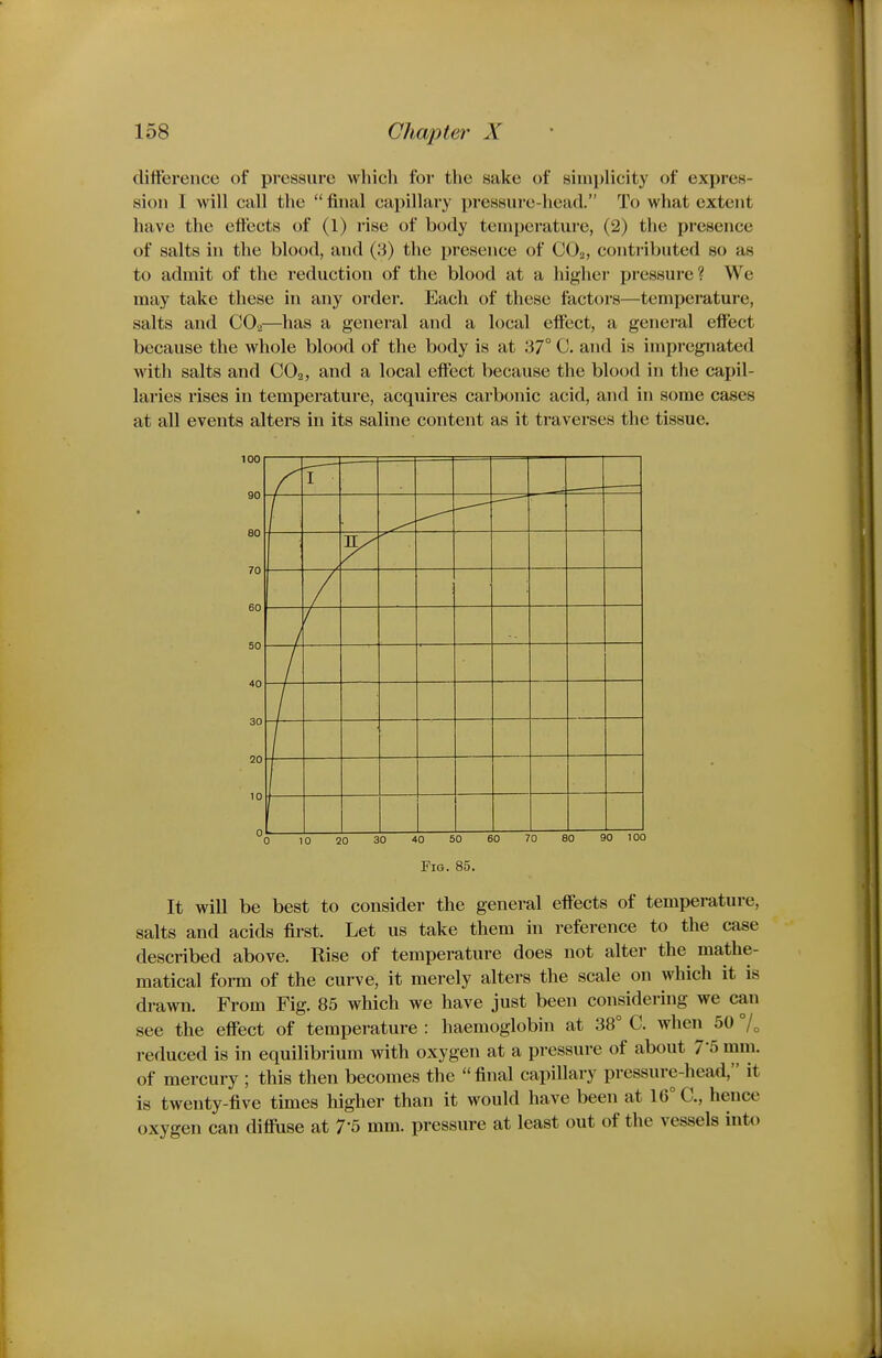 (litterence of pressure which for- the sake of siin))licity of expres- sion I will call the  final capillary pressure-head. To what extent have the effects of (1) rise of body temperature, (2) the presence of salts in the blood, and (3) the presence of CO2, contributed so as to admit of the reduction of the blood at a higher pressure? We may take these in any order. Each of these factors—temperature, salts and CO.2—has a general and a local eft'ect, a general effect because the whole blood of the body is at 37° C. and is impregnated with salts and CO2, and a local effect because the blood in the capil- laries rises in temperature, acquires carbonic acid, and in some cases at all events alters in its saline content as it traverses the tissue. 100 0 10 20 30 40 50 60 70 80 90 100 Fig. 85. It will be best to consider the general effects of temperature, salts and acids first. Let us take them in reference to the case described above. Rise of temperature does not alter the mathe- matical form of the curve, it merely alters the scale on which it is drawn. From Fig. 85 which we have just been considering we can see the effect of temperature: haemoglobin at 38° C. when 50% reduced is in equilibrium with oxygen at a pressure of about Tb mm. of mercury ; this then becomes the final capillary pressure-head, it is twenty-five times higher than it would have been at 16° C, heuce oxygen can diffuse at 7-5 mm. pressure at least out of the vessels into