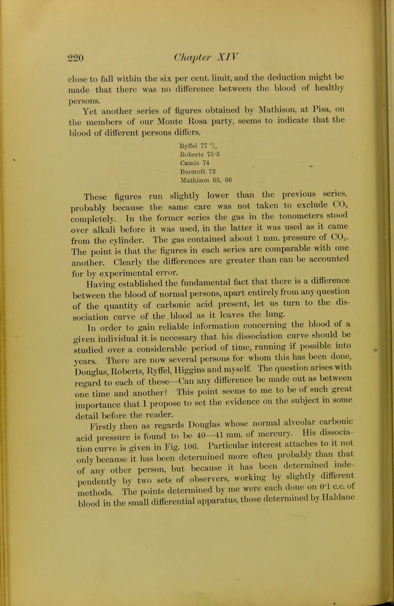 close to fall within the six per cent, limit, and the deduction might be made that there was no ditt'erence between the blood of healthy persons. Yet another series of figures obtained by Mathison, at Pisa, on the members of our Monte Rosa party, seems to indicate that the blood of different persons diflers. Eyffel 77 °U Roberts 76-5 Camis 74 Barcroft 72 Mathison 63, 66 These figures run slightly lower than the previous series, probably because the same care was not taken to exclude COz completely. In the former series the gas in the tonometers stood over alkali before it was used, in the latter it was used as it came from the cylinder. The gas contained about 1 mm. pressure of CO,. The point is that the figures in each series are comparable with one another. Clearly the difierences are greater than can be accounted for by experimental error. Having established the fundamental fact that there is a difference between the blood of normal persons, apart entirely from any question of the quantity of carbonic acid present, let us turn to the dis- sociation curve of the blood as it leaves the lung. In order to gain reliable information concerning the blood of a given individual it is necessary that his dissociation curve should be studied over a considerable period of time, running if possible into years There are now several persons for whom this has been done, Douglas, Roberts, Ryffel, Higgins and myself. The question arises with regard to each of these—Can any difference be made out as between one time and another? This point seems to me to be of such great importance that I propose to set the evidence on the subject m some detail before the reader. Firstly then as regards Douglas whose normal alveolar carbonic acid pressure is found to be 40-41 mm. of mercury. His dissocia- tion curve is given in Fig. 106. Particular interest attaches to it no only because it has been determined more often probably than that of any other person, but because it has been determmed mde- pendently by two sets of observers, working by slightly different methods. The points determhied by me were each done on oa ex. of blood in the small differential apparatus, those determmed by Haldane