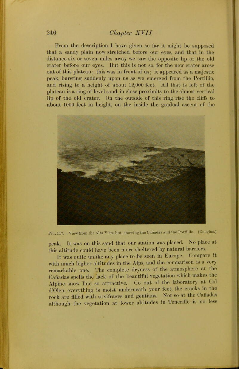 From the description I have given so far it might be supposed that a sandy plain now stretched before our eyes, and that in the distance six or seven miles away we saw the opposite lip of the old crater before our eyes. But this is not so, for the new crater arose out of this plateau; this was in front of us; it appeared as a majestic peak, bursting suddenly upon us as we emerged from the Poi-tillio, and rising to a height of about 12,000 feet. All that is left of the plateau is a ring of level sand, in close proximity to the almost vertical lip of the old crater. On the outside of this ring rise the clift's to about 1000 feet in height, on the inside the gradual ascent of the Fig. 117.—View from the Alta Vista hut, showing the Gauadas and the PortilHo. (Douglas.) peak. It was on this sand that our station was placed. No place at this altitude could have been more sheltered by natural barriers. It was quite unlike any place to be seen in Europe. Compare it with much higher altitudes in the Alps, and the comparison is a very remarkable one. The complete dryness of the atmosphere at the Canadas spells the lack of the beautiful vegetation which makes the Alpine snow line so attractive. Go out of the laboratory at Col d'Olen, everything is moist underneath your feet, the cracks in the rock are filled with saxifrages and gentians. Not so at the Canadas although the vegetation at lower altitudes in Tenerilfe is no less