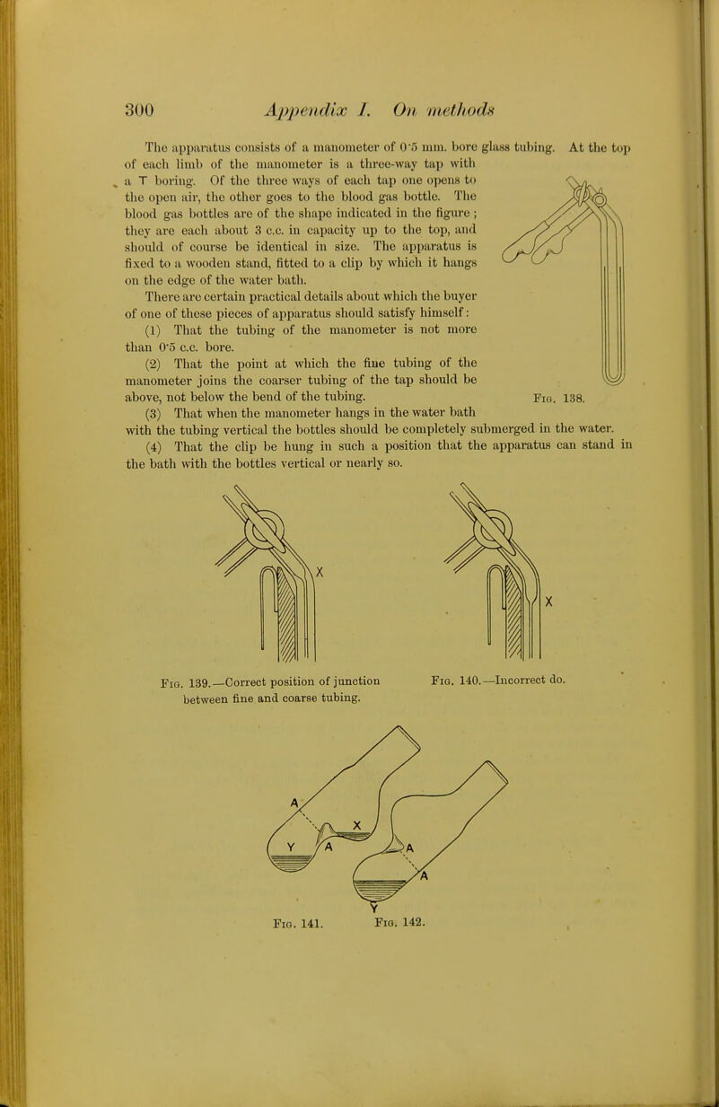 The apparatus consists of a manoinotor of 0'5 mm. bore glass tubing. At the top of each limb of the manometer is a three-way tap with a T boring. Of the three ways of each tap one opens to the open air, the other goes to the blood gas bottle. The blood gas bottles are of the shape indicated in the figure ; they are each about 3 c.c. in capacity up to the top, and should of course be identical in size. The apparatus is iixed to a wooden stand, fitted to a clip by which it hangs on the edge of the water bath. There are certain practical details about which the buyer of one of these pieces of apparatus should satisfy himself: (1) That the tubing of the manometer is not more than 0*5 c.c. bore. (2) That the point at which the fine tubing of the manometer joins the coarser tubing of the tap should be above, not below the bend of the tubing. (3) That when the manometer hangs in the water bath with the tubing vertical the bottles should be completely submerged in the water. (4) That the clip be hung in such a position that the apparatus can stand in the bath with the bottles vertical or nearly so. Fig. 138. Fig. 139.—Correct position of junction between fine and coarse tubing. Fig. 140.—Incorrect do. Fig. 141. Fig. 142.