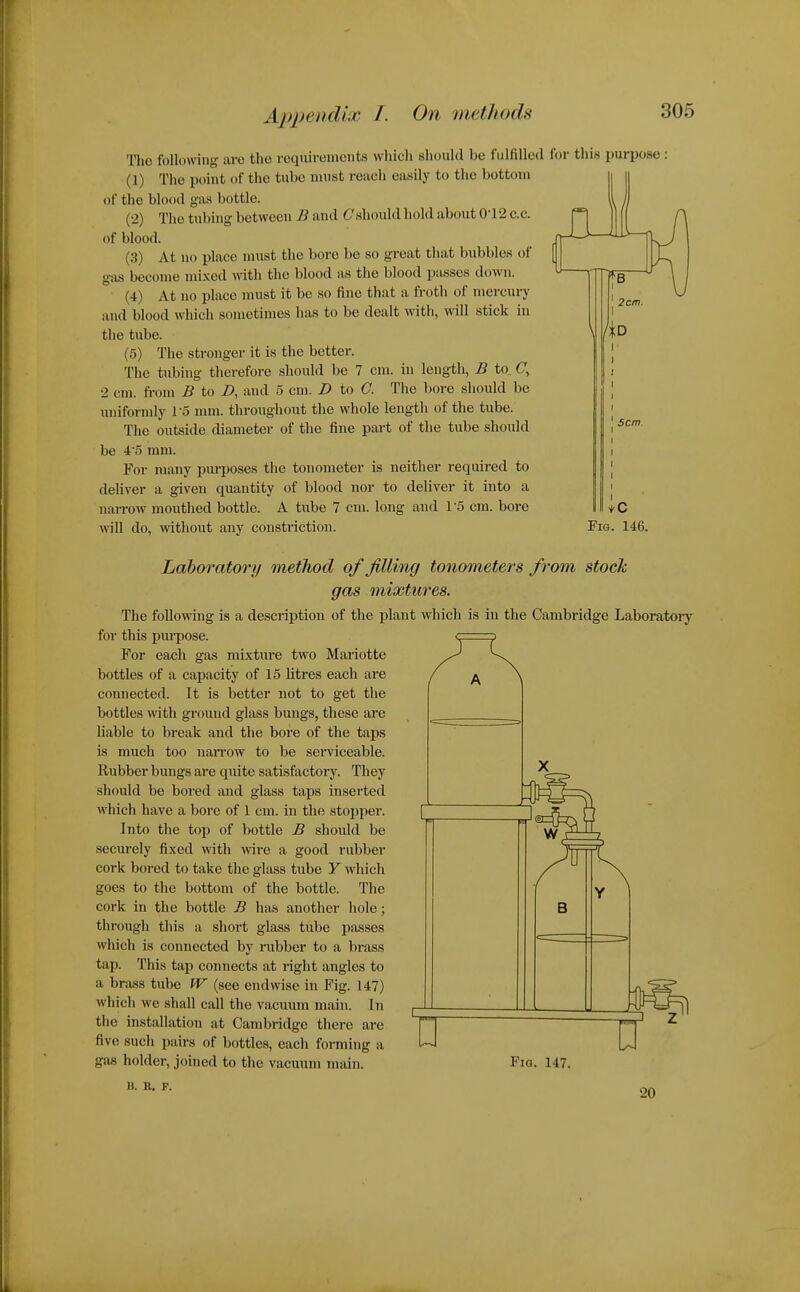 The following are the requirements which should be fulfilled for this purpose : (1) The point of the tube must reach easily to the bottom of the blood gas bottle. (2) The tubing between B and Cshould hold about 0-12 c.c. of blood. (3) At no place must the bore be so groat that bubbles of gas become mixed with the blood as the blood passes down. (4) At no place must it be so fine that a froth of mercury and blood which sometimes has to be dealt with, will stick in the tube. (5) The stronger it is the better. The tubing therefore should be 7 cm. in length, B to, C, 2 cm. fi-om B to D, and 5 cm. £> to C. The bore should be uniformly To mm. throughout the whole length of the tube. The outside diameter of the fine part of the tube should be 4 5 mm. For many purposes the tonometer is neither required to deUver a given quantity of blood nor to deliver it into a narrow mouthed bottle. A tube 7 cm. long and rs cm. bore vfiW do, without any constriction. Laboratory method of filling tonometers from stock gas mixtures. The following is a description of the plant which is in the Cambridge Laboratory for this piu'pose. For each gas mixture two Mariotte bottles of a capacity of 15 litres each are connected. It is better not to get the bottles with ground glass bungs, these are liable to break and the bore of the taps is much too narrow to be serviceable. Rubber bungs are quite satisfactory. They should be bored and glass taps inserted which have a bore of 1 cm. in the stopper. Into the top of bottle B should be securely fixed with wire a good rubber cork bored to take the glass tube Y which goes to the bottom of the bottle. The cork in the bottle B has another hole; through this a short glass tube passes which is connected by rubber to a brass tap. This tap connects at right angles to a brass tube W (see endwise in Fig. 147) which we shall call the vacuum main. In the installation at Cambridge there are five such pairs of bottles, each forming a gas holder, joined to the vacuum main. Fio. 147. B. R. p. 20