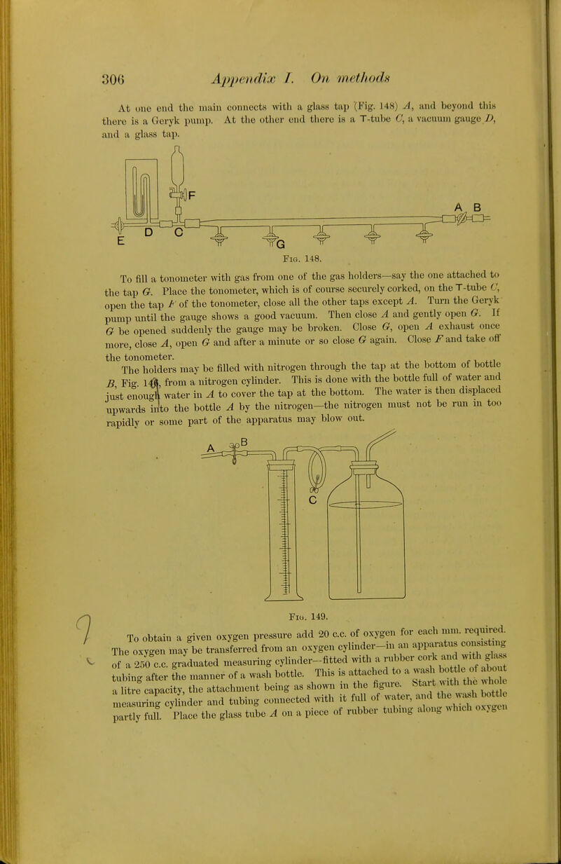 At one end the main connects with a glass tap (Fig. 148) A, and beyond this there is a Geryk pump. At the other end there is a T-tube C, a vacuum gauge Z>, and a glass tap. A. B Fig. 148. To fill a tonometer with gas from one of the gas holders—say the one attached to the tap G. Place the tonometer, which is of course securely corked, on the T-tube C, open the tap t of the tonometer, close all the other taps except A. Turn the Geryk pump until the gauge shows a good vacuum. Then close A and gently open G. If G be opened suddenly the gauge may be broken. Close G, open A exhaust once more, close A, open G and after a minute or so close G again. Close F and take off the tonometer. The holders may be filled with nitrogen through the tap at the bottom of bottle B Fig l^JI from a nitrogen cylinder. This is done mth the bottle full of water and just euouS water in A to cover the tap at the bottom. The water is then displaced upwards in'to the bottle A by the nitrogen—the nitrogen must not be run m too rapidly or some part of the apparatus may blow out. Fiu. 149. To obtain a given oxygen pressure add 20 c.c. of oxygen for each mm. required. The oxygen may be transferred from an oxygen cylinder-in an apparatus consistmg of a 250 cc graduated measuring cyUnder-fitted with a rubber cork and with ghxs 01 a zou CO. g..i,uua,i, o Tlii« nttached to a wash bottle of about tubing after the manner of a wash bottle. 1 his is attacnea a litre capacity, the attachment being as sho^^'n m the figure btai t Mth the ho e measuring cyl^ider and tubing comiected with it full of water, and wa.h bott e plrtly fuU. Place the glass tube A on a piece of rubber tubing along which oxjgcn