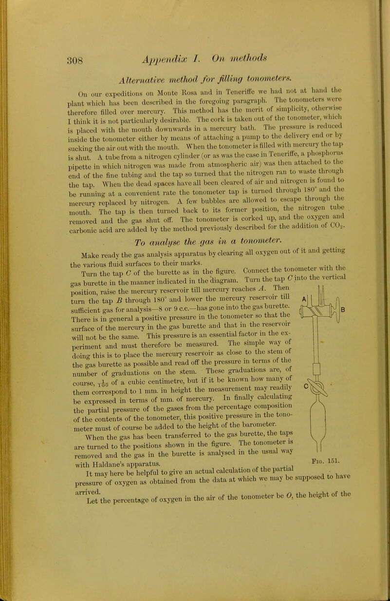 Alternative method for filling tonometers. On our expeditions on Monte Rosa and in Teueriffc we had not at hand the plant which has been described in the foregoing psiragraph. The tonometers were therefore filled over mercury. This method has tlie merit of simplicity, othermse I think it is not particularly desirable. The cork is taken out of the tonometer, winch is placed witli the mouth downwards in a mercury bath. The pressure is reduced inside the tonometer either by means of attaching a pump to the dehvery end or by sucking the air out with the mouth. When the tonometer is filled with mercury the tap is shut. A tube from a nitrogen cylinder (or as was the case in Teneriffe, a phosphorus pipette in which nitrogen was made from atmospheric air) was then attached to the end of the fine tubing and the tap so turned that the nitrogen ran to waste through the tap. When the dead spaces have all been cleared of air and nitrogen is found to be running at a convenient rate the tonometer tap is turned through 180 and the mercury replaced by nitrogen. A few bubbles are allowed to escape through the mouth The tap is then turned back to its former position, the nitrogen tube removed and the gas shut off. The tonometer is corked up, and the oxygen and carbonic acid are added by the method previously described for the addition ot LU^. To aoialyse the gas in a tonometer. Make ready the gas analysis apparatus by clearing all oxygen out of it and getting the various fluid surfaces to their marks. Turn the tap C of the burette as in the figure. Connect the tonometer with the gas burette in the manner indicated in the diagram. Turn the tap C mto the vertical position, raise the mercury reservoir till mercury reaches A. Then turn the tap B through 180° and lower the mercury reservoir till sufiicient gas for analysis-8 or 9 c.c.-has gone into the gas burette. There is in general a positive pressure in the tonometer so that the surface of the mercury in the gas burette and that in the reservoir will not be the same. This pressure is an essential factor m the ex- periment and must therefore be measured. The simple way of doing this is to place the mercury reservoir as close to the stem of the gas burette as possible and read off the pressure in terms of the number of graduations on the stem. These gi-aduations are, of com-se, xJij of a cubic centimetre, but if it be known how many of them correspond to 1 mm. in height the measurement may readily be expressed in terms of mm. of mercury. In finally calculatmg the partial pressure of the gases from the percentage composition of the contents of the tonometer, this positive pressure m the tono- meter must of course be added to the height of the barometer. When the gas has been transferred to the gas burette, the taps are turned to the positions shovvn in the figure. The tonometer is removed and the gas in the burette is analysed in the usual way with Haldane's apparatus. It may here be helpful to give an actual calculation of the pai tial ^ pressure of oxygen as obtained from the data at which we may be supposed to ha^e 'Let'the percentage of oxygen in the air of the tonometer be 0, the height of the