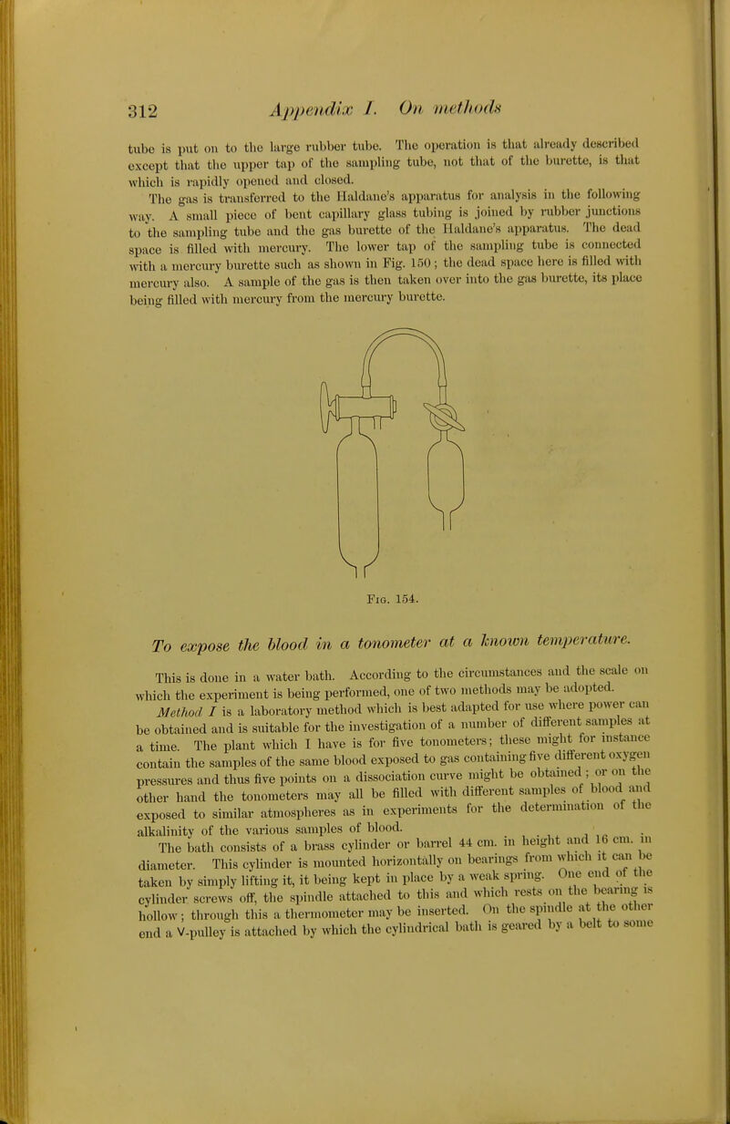 tube is put on to the large rubber tube. Tlie operation is tliat ab-eady described except that the upper tap of the sampUng tube, not that of the burette, is that which is rapidly opened and closed. The gas is transferred to the Haldane's apparatus for analysis in the following way. A small piece of bent capillary glass tubing is .joined by rubber junctions to the sampling tube and the gas burette of the Haldane's apparatus. The dead space is filled with mercury. The lower tap of the sampling tube is connected with a mercury biu-ette such as shown in Fig. 150 ; the dead space here is filled with mercury also. A sample of the gas is then taken over into the gas burette, its place being filled with mercury from the mercury burette. Fig. 154. To expose the blood in a tonometer at a known temjjerature. This is done in a water bath. According to the circumstances and the scale on which the experiment is being performed, one of two methods may be adopted. Method / is a laboratory method which is best adapted for use where power can be obtained and is suitable for the investigation of a number of different samples at a time The plant which I have is for five tonometers; these might for mstance contain the samples of the same blood exposed to gas containing five difi-erent oxygen pressures and thus five points on a dissociation curve might be obtamed ; or on the other hand the tonometers may all be filled with different samples of blood and exposed to similar atmospheres as in experiments for the determmation of the alkalinity of the various samples of blood. The bath consists of a brass cylinder or barrel 44 cm. in height and 16 cm. in diameter. This cylinder is mounted horizontally on bearings from which it can be taken by simply lifting it, it being kept in place by a weak spring. One end of the cylinder screws off, the spindle attached to this and which rests on the bearing is hollow ; through this a thermometer may be inserted. On the spindle at the other end a V-pulley is attached by which the cylindrical bath is geared by a belt to some