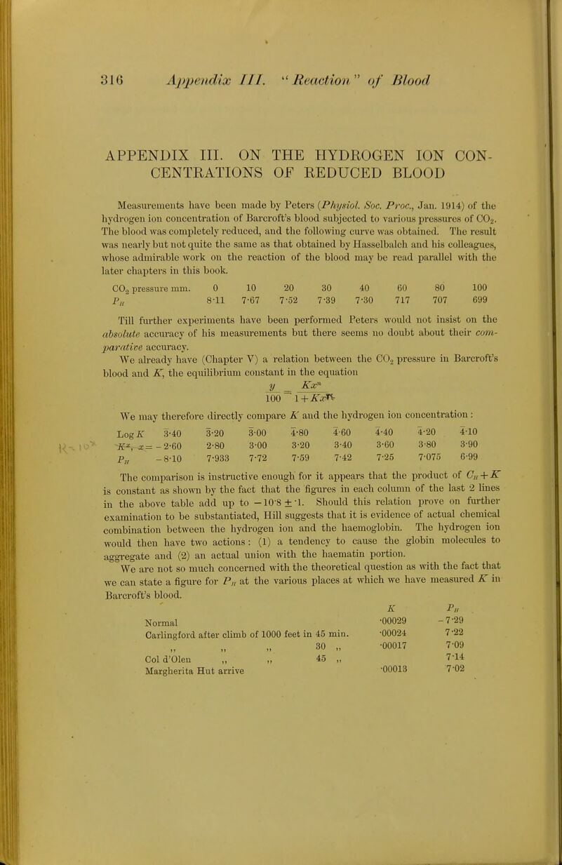 APPENDIX III. ON THE HYDROGEN ION CON- CENTEATIONS OF REDUCED BLOOD Measuveiueiits have been made by Peters {Physiol. Soc. Proc, Jan. 1914) of the hydrogen ion concentration of Barcroft's blood subjected to various pressures of CO2. The blood was completely reduced, and the following curve was obtained. The result was nearly but not quite the same as that obtained by Hasselbalch and his colleagues, whose admirable work on the reaction of the blood may be read parallel with the later chapters in this book. COg pressure mm. 0 10 20 30 40 60 80 100 P„ 8-11 7-67 7-52 7-39 7-30 717 707 699 Till further experiments have been performed Peters would not insist on the absolute accuracy of his measm-ements but there seems no doubt about their com- 2)arative accuracy. We already have (Chapter V) a relation between the CO2 pressure in Barcroft's blood and K, the equilibrium constant in the equation y _ Kx'^ We may therefore directly compare K and the hydrogen ion concentration: Log/iT 3-40 3-20 3-00 4-80 4-60 4-40 4-20 4-10 if^, x=-2-60 2-80 3-00 3-20 3-40 3-60 3-80 3-90 P„ -8-10 7-933 7-72 7-59 7-42 7-25 7-075 6-99 The comparison is instructive enough for it appears that the product of C„ + K is constant as sho\ra by the fact that the figures in each column of the last 2 lines in the above table add up to -10-8±-l. Should tins relation prove on further examination to be substantiated. Hill suggests that it is evidence of actual chemical combination between the hydrogen ion and the haemoglobin. The hydrogen ion would then have two actions : (1) a tendency to cause the globin molecules to aggregate and (2) an actual union with the haematin portion. We are not so much concerned with the theoretical question as mth the fact that we can state a figure for P„ at the various places at which we have measured K in Barcroft's blood. Normal Oarlingford after climb of 1000 feet in 45 min ,> i> !) 30 „ Col d'Olen „ „ 45 „ Margherita Hut arrive A' P„ •00029 -7-29 •00024 7^22 •00017 7^09 7-14 •OOOIB 7-02