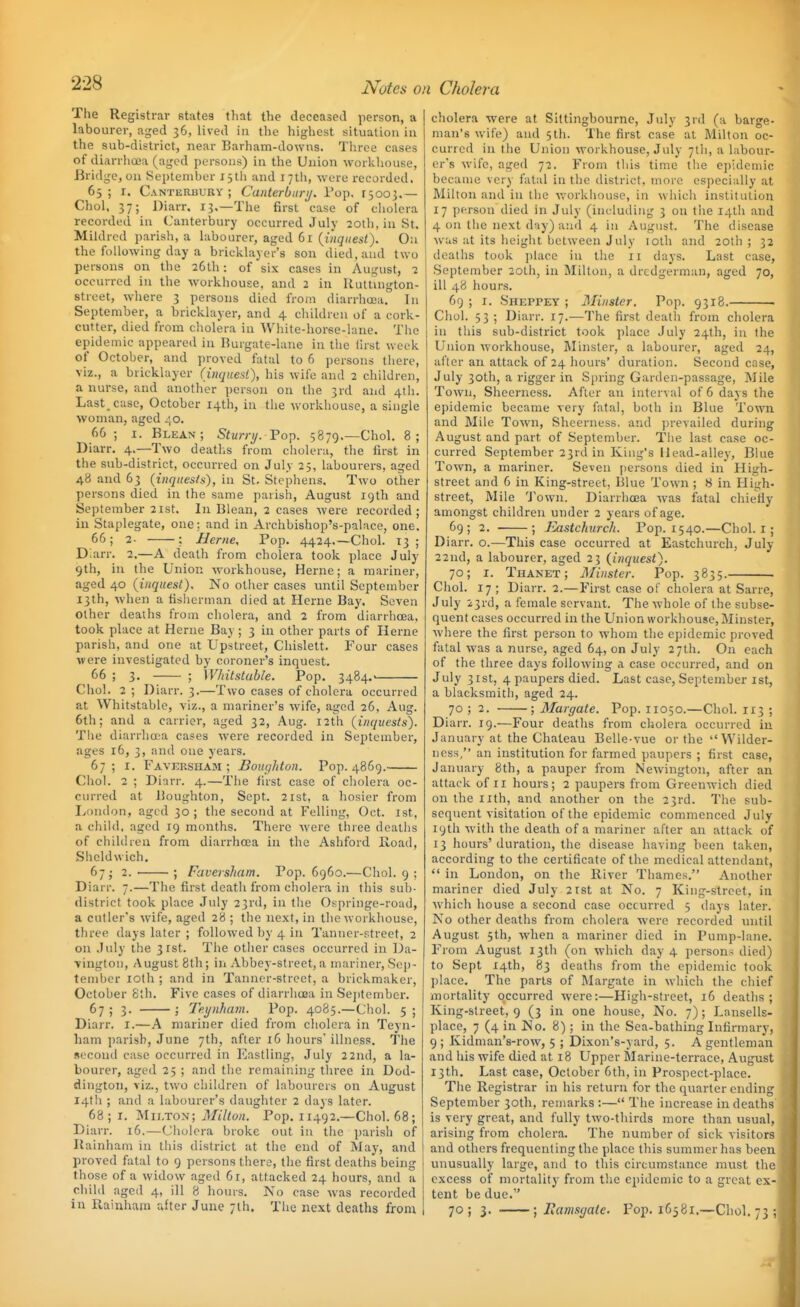 The Registrar fitatea that the deceased person, a labourer, aged 36, lived in the highest situation in the sub-district, near Barham-downs. Tliree cases of diarrhoea (aged persons) in the Union workhouse, Bridge, on September 15th and 17th, were recorded. 65 ; I. C.VNTERUURY ; Caiiterbnri/. Top. r5003.— Choi, 37; Diarr. 13,—The first case of cholera recorded in Canterbury occurred July 20lh,inSt, Mildred parish, a labourer, aged 6r (t/K/f/eA-i). On the following day a bricklayer's son died, and two persons on the 26lh: of six cases in August, 7 occurred in the workliouse, and 2 in Uultuigton- street, where 3 persons died from diarrhoea. In September, a hricklayer, and 4. children of a cork- cutter, died from cliolera in White-horse-lane. The epidemic appeared in Hurgate-lane in the lu-st week of October, and ])roved fatal to 6 persons there, viz., a bricklayer (inquesi), his wife and 2 children, a nurse, and another person on the 3rd and 4th. Last, case, October 14th, in the workhouse, a single woman, aged 40. 66; I. Blean; Sturri/. Top. 5879.—Choi. 8; Diarr. 4.—Two deaths from cholera, the first in the sub-district, occurred on July 25, labourers, aged 48 and 63 (inquests), in St. Stephens. Two other persons died in the same parish, August 19th and September 21st. In Blean, 2 cases were recorded; in Staplegate, one; and in Archbishop's-palace, one. 66; 2- ; Herne, Pop. 4424.—Choi. 13; Diarr. 2.—A death from cholera took place July 9th, in the Union workhouse, Herne; a mariner, aged 40 {inquest). No other cases imtil September 13th, when a fisherman died at Herne Bay. Seven other deaths from cliolera, and 2 from diarrhoea, took place at Herne Bay; 3 in other parts of Herne parish, and one at Upstreet, Chislett. Four cases were investigated by coroner's inquest, 66 ; 3. ; ]V/iitstable. Pop. 3484.' Choi. 2 ; Diarr. 3.—Two cases of cholera occurred at Whitstable, viz., a mariner's wife, aged 26, Aug. 6th; and a carrier, aged 32, Aug. 12th (inquests). The diarrlia-a cases were recorded in September, ages 16, 3, and one years. 67; r. Favkrsham ; Boughton. Pop. 4869. Choi. 2 ; Diarr. 4.—The first case of cholera oc- curred at Boughton, Sept. 21st, a hosier from London, aged 30 ; the second at Felling, Oct. 1st, a child, aged 19 months. There were three deaths of childien from diarrhoea in the Ashford Road, Sheldwich. 67; 2. ; Faversham. Pop. 6960.—Choi. 9 ; Diarr. 7.—The first death fi-om cholera in this sub- district took place July 23rd, in tlie Otpringe-road, a cutler's wife, aged 28 ; the next, in the workhouse, three days later; followed by 4 in Tanner-street, 2 on .July the 3rst. The other cases occurred in l3a- •vingtoii, August 8th; in Abbey-street, a mariner, Sep- tember loth ; and in Tanner-street, a brickmaker, October 8th. Five cases of diarrhoea in Sejitember. 67; 3. ; Teijnham. Pop. 4085.—Choi. 5; Diarr. i.—A mariner died from cholera in Teyn- ham parish, June 7th, after 16 hours'illness. The second case occurred in Kastling, July 22nd, a la- bourer, aged 25 ; and the remaining three in Dod- dington, viz., two children of labourers on August 14th ; and a labourer's daughter 2 days later. 68 ; I. Mii.ton; Milton. Pop. 11492.—Choi. 68; Diarr. i6.—Cholera broke out in the jiarish of Kainham in this district at the end of May, and proved fatal to 9 persons there, the first deaths being those of a widow aged 6r, attacked 24 hours, and a child aged 4, ill 8 hours. No case was recorded in Rainham after June 7th. The next deaths from cholera were at Siltinghourne, July 3rd (a barge- man's wife) and 5th. The first case at Milton oc- curred in the Union workhouse, July 7111, a labour- er's wife, aged 72. From this time the ei):demic became very fatal in the district, more esj)ecially at Milton and in the workhouse, in which institution 17 person died in July (including 3 on the 14th and 4 on the next day) and 4 in August. The disease was at its lieight between July lolh and 20th ; 32 deaths took place in the 11 days. Last case, September 20th, in Milton, a drcdgerman, aged 70, ill 48 hours. 69 ; I. Sheppey ; Minster. Pop. 9318. Choi. 53 ; Diarr. 17.—The first death from cholera in this sub-district took place July 24th, in the Union workhouse. Minster, a labourer, aged 24, after an attack of 24 hours' duration. Second case, July 30th, a rigger in Spring Garden-passage, Mile Town, Sheerness. After an interval of 6 days the epidemic hecame very fatal, both in Blue Town and Mile Town, Sheerness. and prevailed during August and part of September. Tlie last case oc- curred September 23rd in King's Head-alley, Blue Town, a mariner. Seven fiersons died in High- street and 6 in King-street, Blue Town ; 8 in High- street, Mile 'J'own. Diarrhoea was fatal chiefly amongst children under 2 years of age. 69; 2. ; Eastchtirch. Pop. 1540.—Choi, i; Diarr. o.—This case occurred at Eastchurch, July 22nd, a labourer, aged 23 (inquest). 70; I. Thanet; Minster. Pop. 3835. . Choi. 17 ; Diarr. 2.—First case of cholera at Sarre, July 23rd, a female servant. The whole of the subse- quent cases occurred in the Union workhouse. Minster, where the first person to whom the epidemic proved fatal was a nurse, aged 64, on July 27th. On each of the three days following a case occurred, and on J uly 31st, 4 paupers died. Last case, September ist, a blacksmith, aged 24. 70 ; 2. ; Margate. Pop. 11050.—Choh 113 ; Diarr. 19.—Four deaths from cholera occurred in January at the Chateau Belle-vue or the  Wilder- ness, an institution for farmed paupers ; first case, January 8th, a pauper from Newington, after an attack of II hours; 2 paupers from Greenwich died on the iith, and another on the 23rd. The sub- sequent visitation of the epidemic commenced July 19th with the death of a mariner after an attack of 13 hours' duration, the disease having been taken, according to the certificate of the medical attendant,  in London, on the River Thames. Another mariner died July 2rst at No. 7 King-street, in which house a second case occurred 5 days later. No other deaths from cholera were recorded initil August 5th, when a mariner died in Pump-lane. From August 13th (on which day 4 persons died) to Sept 14th, 83 deaths from the epidemic took place. The parts of Margate in which the cliief mortality occurred were:—High-street, 16 deaths; King-street, 9 (3 in one house. No. 7); Lansells- place, 7 (4 in No. 8) ; in the Sea-bathing Infirmarj-, 9 ; Kidman's-row, 5 ; Dixon's-yard, 5. A gentleman and his wife died at 18 Upper Marine-terrace, August 13th. Last case, October 6th, in Prospect-place. The Registrar in his return for the quarter ending September 30th, remarks :— The increase in deaths is very great, and fully two-thirds more than usual, arising from cholera. The number of sick visitors and others frequenting the place this summer has been unusually large, and to this circumstance must the excess of mortality from the epidemic to a great ex- tent be due. 70 ; 3. ; rutmsgale. Fop. 16581.—Choi. 73 ;