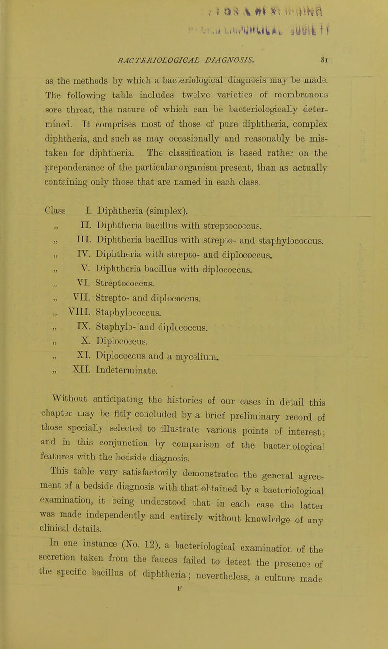 as the methods by which a bacteriological diagnosis may be made. The following table includes twelve varieties of membranous sore throat, the nature of which can be bacteriologically deter- mined. It comprises most of those of pure diphtheria, complex diphtheria, and such as may occasionally and reasonably be mis- taken for diphtheria. The classification is based rather on the preponderance of the particular organism present, than as actually containing only those that are named in each class. Class I. Diphtheria (simplex). II. Diphtheria bacillus with streptococcus. III. Diphtheria bacillus with strepto- and staphylococcus. IV. Diphtheria with strepto- and diplococcus. V. Diphtheria bacillus with diplococcus. VI. Streptococcus. VII. Strepto- and diplococcus. VIII. Staphylococcus. IX. Staphylo- and diplococcus. X. Diplococcus. XI. Diplococcus and a mycelium. XII. Indeterminate. Without anticipating the histories of our cases in detail this chapter may be fitly concluded by a brief preliminary record of those specially selected to illustrate various points of interest; and in this conjunction by comparison of the bacteriological features with the bedside diagnosis. This table very satisfactorily demonstrates the general agree- ment of a bedside diagnosis with that obtained by a bacteriological examination, it being understood that in each case the latter was made independently and entirely without knowledge of any clinical details. In one instance (No. 12), a bacteriological examination of the secretion taken from the fauces failed to detect the presence of the specific bacillus of diphtheria; nevertheless, a culture made r