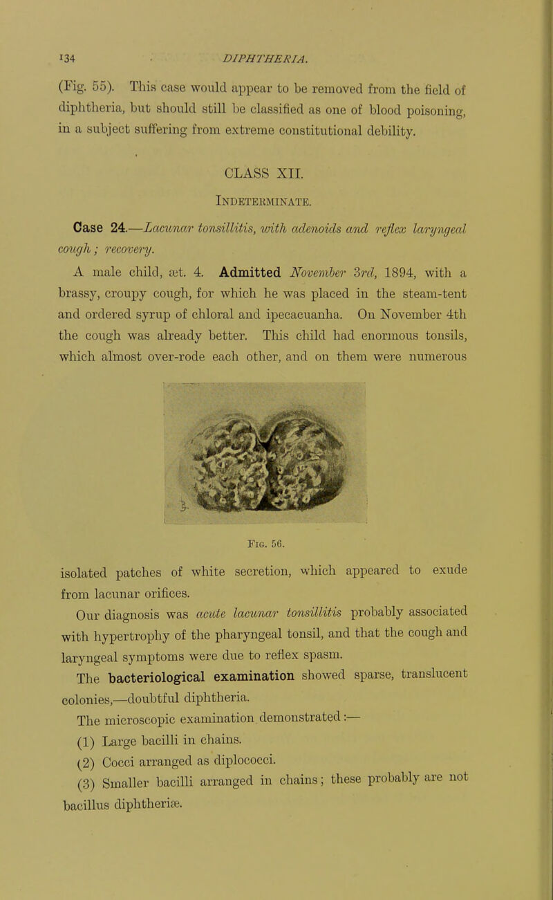 (Fig. 55). This case would appear to be removed from the field of diphtheria, but should still be classified as one of blood poisoning, in a subject suffering from extreme constitutional debility. CLASS XII. Indeterminate. Case 24.—Lacunar tonsillitis, with adenoids and reflex laryngeal cough; recovery. A male child, aet. 4. Admitted November Srd, 1894, with a brassy, croupy cough, for which he was placed in the steam-tent and ordered syrup of chloral and ipecacuanha. On November 4th the cough was already better. This child had enormous tonsils, which almost over-rode each other, and on them were numerous Fig. 56. isolated patches of white secretion, which appeared to exude from lacunar orifices. Our diagnosis was acute lacunar tonsillitis probably associated with hypertrophy of the pharyngeal tonsil, and that the cough and laryngeal symptoms were due to reflex spasm. The bacteriological examination showed sparse, translucent colonies,—doubtful diphtheria. The microscopic examination demonstrated:— (1) Large bacilli in chains. (2) Cocci arranged as diplococci. (3) Smaller bacilli arranged in chains; these probably are not bacillus diphtherite.