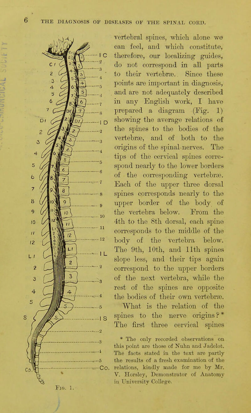 2 LrA ION 121 .... 4 —■4 10 11 ■12 I L 3 vertebral spines, which alone we can feel, and which constitute, therefore, our localizing guides, do not correspond in all parts to their vertebras. Since these points are imj)ortant in diagpiosis, and are not adequately described in any English work, I have prepared a diagram (Fig. 1) showing the average relations of the spines to the bodies of the vertebrae, and of both to the origins of the spinal-nerves. The tips of the cervical spines corre- spond nearly to the lower borders of the corresponding vertebrae. Each of the upper three dorsal spines corresponds nearly to the upper border of the body of the vertebra below. From the 4th to the 8th dorsal, each spine corresponds to the middle of the body of the vertebra below. The 9th, 10th, and 11th spines slope less, and their tips again correspond to the upper borders of the next vertebra, while the rest of the spines are ojDposite the bodies of their own vertebrae. Wliat is the relation of the spines to the nerve origins?* The first three cerncal spines Fio. 1. g * The only recorded observations on this point are those of Nulin and Jadelot. The facts stated in the text are partly •5 the results of a fresh examination of the •Co. relations, kindly made for me by Mr. V. Horslej', Demonstrator of Anatomy in University College.