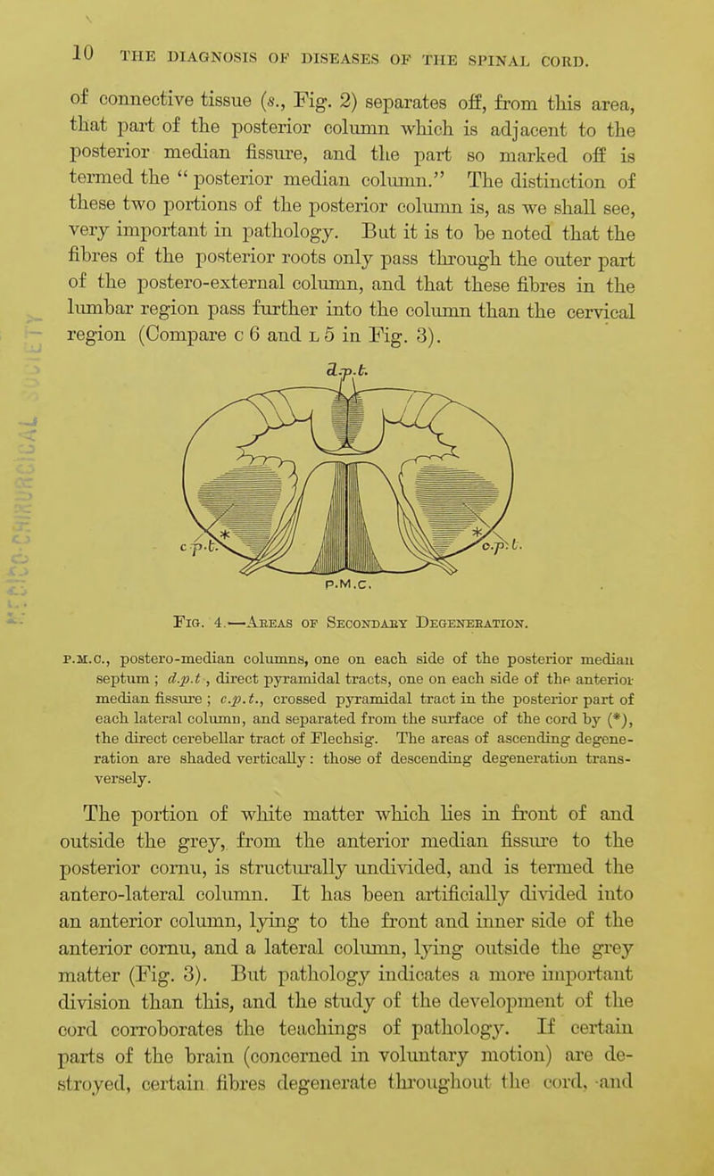 of connective tissue (s., Fig. 2) separates off, from this area, that part of the posterior column which is adjacent to the posterior median fissure, and the part so marked off is termed the  posterior median column. The distinction of these two portions of the posterior colimm is, as we shall see, very important in pathology. But it is to he noted that the fihres of the posterior roots only pass through the outer part of the postero-external column, and that these fihres in the limihar region pass further into the column than the cervical region (Compare c 6 and l 5 in Fig. 3). P.M.C. Fio. 4.—Aeeas of Secondaby Degeneeation. P.M.C, postero-median columns, one on each side of the posterior median septum ; d.p.t, direct pyramidal tracts, one on each side of the anterioi- median fissm-6 ; cx^.t., crossed pyramidal tract in the posterior part of each lateral column, and separated from the sm-face of the cord by (*), the direct cerebellar tract of Flechsig. The areas of ascending degene- ration are shaded vertically: those of descending degeneration trans- versely. The portion of white matter which lies in front of and outside the grey,, from the anterior median fissure to the posterior comu, is structurally imdivided, and is termed the antero-lateral column. It has been artificially di'^dded into an anterior column, lying to the front and inner side of the anterior comu, and a lateral column, lying outside the grey matter (Fig. 3). But pathology indicates a more important division than this, and the study of the development of the cord corroborates the teachings of pathology. If certain parts of the brain (concerned in voluntary motion) are de- stroyed, certain fibres degenerate thi'oughout the cord, and