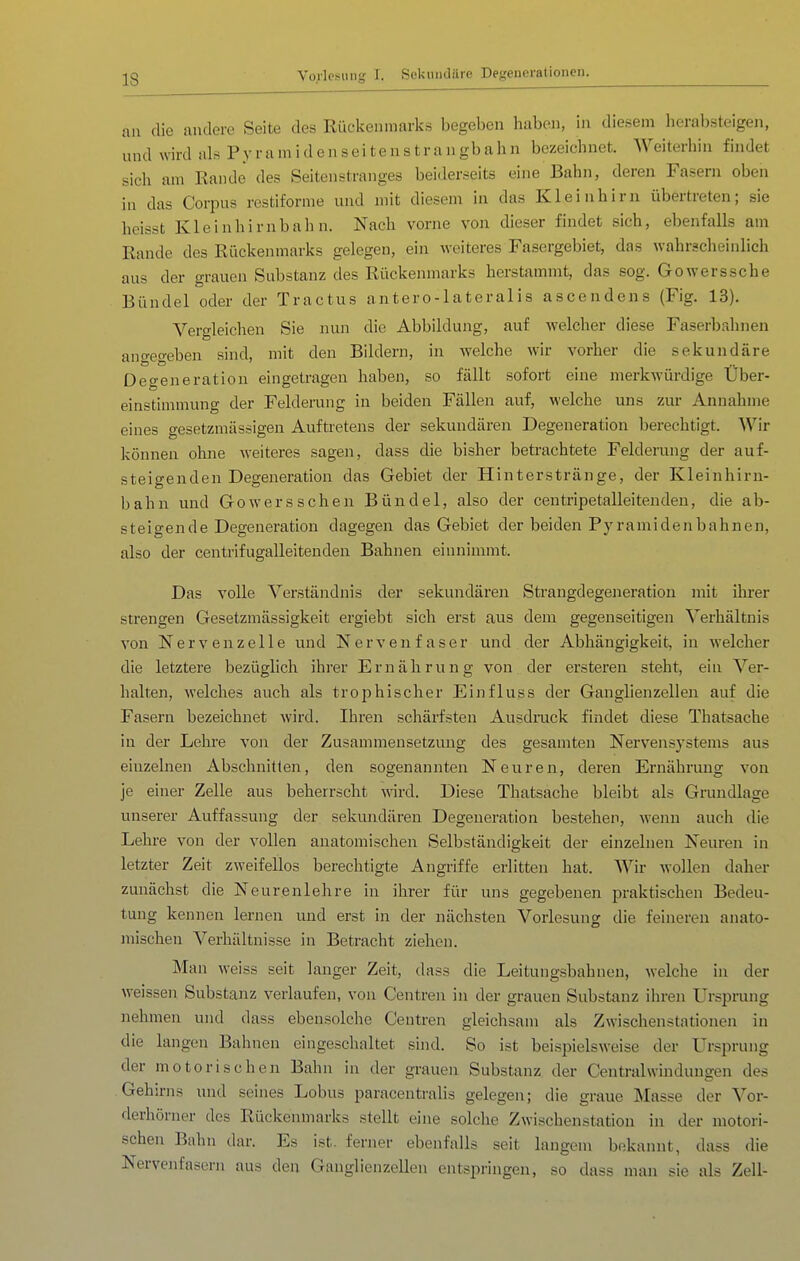 IS an die andere Seite des Rückenmarks begeben haben, in diesem herabsteigen, und wird als Pyra m i d e n s ei te ns tra n gb a h n bezeichnet. Weiterhin findet sich am Rande des Seitenstranges beiderseits eine Bahn, deren Fasern oben in das Corpus restiforme und mit diesem in das Kleinhirn übertreten; sie heisst Kleinhirnbah n. Nach vorne von dieser findet sich, ebenfalls am Rande des Rückenmarks gelegen, ein weiteres Fasergebiet, das wahrscheinlich aus der grauen Substanz des Rückenmarks herstammt, das sog. Gowerssche Bündel oder der Tractus antero-lateralis ascendens (Fig. 13). Vergleichen Sie nun die Abbildung, auf welcher diese Faserbahnen angegeben sind, mit den Bildern, in welche wir vorher die sekundäre Degeneration eingetragen haben, so fällt sofort eine merkwürdige Über- einstimmung der Felderung in beiden Fällen auf, welche uns zur Annahme eines gesetzmässigen Auftretens der sekundären Degeneration berechtigt. Wir können okne weiteres sagen, dass die bisher betrachtete Felderung der auf- steigenden Degeneration das Gebiet der Hinterstränge, der Kleinhirn- bahn und Gowerssehen Bündel, also der centripetalleitenden, die ab- steigende Degeneration dagegen das Gebiet der beiden Pyramidenbahnen, also der centrifugalleitenden Bahnen einnimmt. Das volle Verständnis der sekundären Strangdegeneration mit ihrer strengen Gesetzmässigkeit ergiebt sich erst aus dem gegenseitigen Verhältnis von Nervenzelle und Nervenfaser und der Abhängigkeit, in welcher die letztere bezüglich ihrer Ernährung von der ersteren steht, ein Ver- halten, welches auch als trophischer Einfluss der Ganglienzellen auf die Fasern bezeichnet wird. Ihren schärfsten Ausdruck findet diese Thatsaclie in der Lehre von der Zusammensetzung des gesamten Nervensystems aus einzelnen Abschnitten, den sogenannten Neuren, deren Ernährung von je einer Zelle aus beherrscht wird. Diese Thatsache bleibt als Grundlage unserer Auffassung der sekundären Degeneration bestehen, wenn auch die Lehre von der vollen anatomischen Selbständigkeit der einzelnen Neureii in letzter Zeit zweifellos berechtigte Angriffe erlitten hat. Wir wollen daher zunächst die Neurenlehre in ihrer für uns gegebenen praktischen Bedeu- tung kennen lernen und erst in der nächsten Vorlesung die feineren anato- mischen Verhältnisse in Betracht ziehen. Man weiss seit langer Zeit, dass die Leitungsbahnen, welche in der weissen Substanz verlaufen, von Centren in der grauen Substanz ihren Ursprung nehmen und dass ebensolche Ceutren gleichsam als Zwischenstationen in die langen Bahnen eingeschaltet sind. So ist beispielsweise der Ursprung der motorischen Bahn in der grauen Substanz der Central Windungen des Gehirns und seines Lobus paracentralis gelegen; die graue Masse der Vor- derhörner des Rückenmarks stellt eine solche Zwischenstation in der motori- schen Bahn dar. Es ist. ferner ebenfalls seit langem bekannt, dass die Nervenfasern aus den Ganglienzellen entspringen, so dass man sie als Zell-