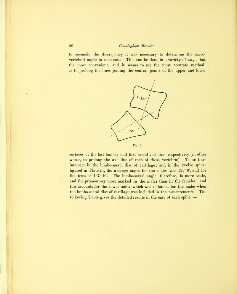 to reconcile the discrepancy it was necessary to determine the sacro- vertebral angle in each case. This can be done in a variety of ways, but the most convenient, and it seems to me the most accurate method, is to prolong tlie lines joining the central points of the upper and lower Fig. 1. surfaces of the last lumbar and first sacral vertebrse respectively (in other words, to prolong the axis-line of each of these vertebrse). These lines intersect in the lumbo-sacral disc of cartilage; and in the twelve spines figured in Plate ii., the average angle for the males was 133° 6', and for the females 137° 40'. The lumbo-sacral angle, therefore, is more acute, and the promontory more marked in the males than in the females; and this accounts for the lower index which was obtained for the males when the lumbo-sacral disc of cartilage was included in the measurements. The following Table gives the detailed results in the case of each spine :—