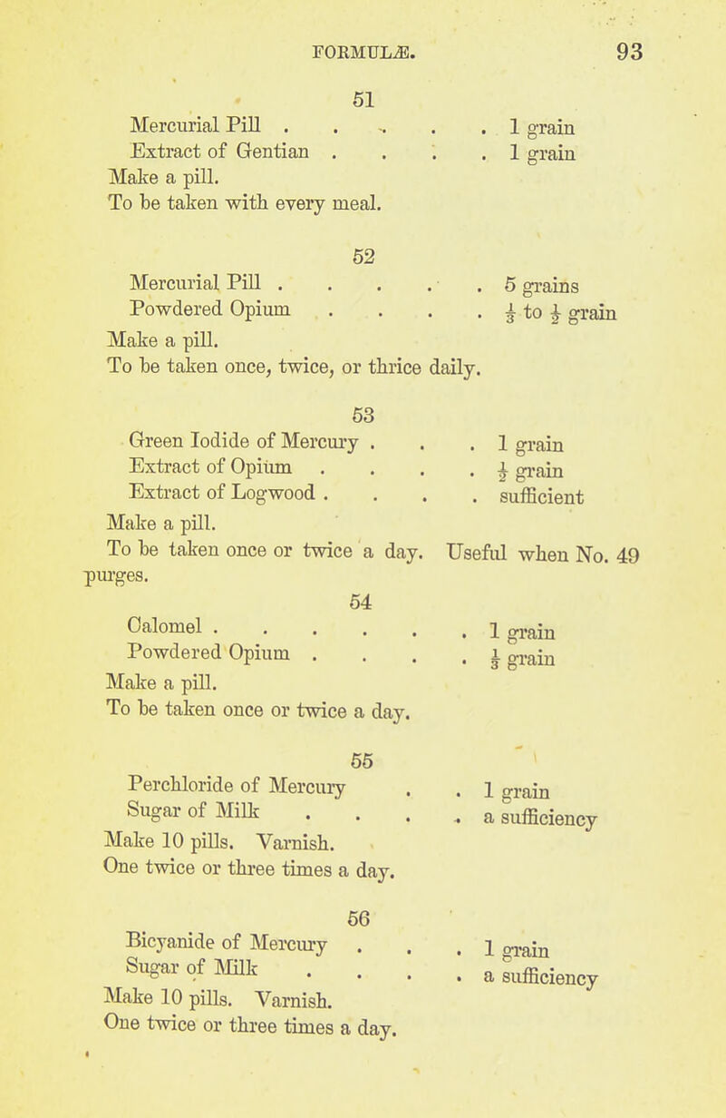 51 Mercurial Pill 1 grain Extract of Gentian . . . .1 grain Make a pill. To be taken with every meal. 52 Mercurial PiU . . . . . 6 grains Powdered Opium . . . . ^ to ^ grain Make a pill. To be taken once, twice, or thrice daily. 53 Green Iodide of Mercm'y . . .1 grain Extract of Opiiim , . . . i grain Extract of Logwood .... sufficient Make a pill. To he taken once or twice a day. Useful when No. 49 purges. 54 Calomel 1 gj-ain Powdered Opium • • • . J grain Make a piU. To be taken once or twice a day. 65 Perchloride of Mercury . . i grain Sugar of Milk .... a sufficiency Make 10 pills. Vamish. One twice or three times a day. 56 Bicyanide of Merciuy . . . 1 f^rain Sugar of mk .... a sufficiency Make 10 pills. Varnish. One twice or three times a day.