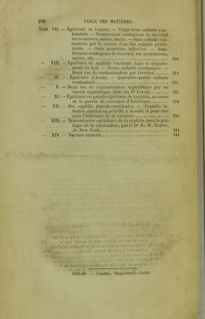 Note VII. — Épick-mic do Lupara. — Vingt-trois enfauts con- taminés. — Nombreuses contaf,'ions de ricochet sm'nourrices, mères, maris. — Onze enfants con- taminés par le vaccin d'un des enfants précé- dents. — Onze nourrices infectées. — Nom- breuses contagions de ricochet sur nouriùssons, mères, etc 216 — VIII. — Epidémie de syphilis vaccinale dans le départe- ment du Lot. — Treize enfants contaminés. — Deux cas de contamination par ricochet 21!) — IX. — Épidémie d'Auray. — Quarante-quatre enfauts contaminés 221 — X. — Deux, cas de contamination syphilitique par un vaccin syphilitique (faits du D' Lecoq) 225 — XL — Épidémie ou pseudo-épidémie de syphilis, au cours de la guerre de sécession d'Amérique 228 — XII. — Des syphilis pseudo-vaccinales. — (Syphilis la- tentes entrant en activité à la suite et peut-être sous l'influence de la vaccine) 230 — XIII. — Transmission opératoire de la syphilis dans la pra- tique de la vaccination, par le D R.-W. Taylor, de New-York 234 — XIV. — Vaccine animale 243 1810-88. — CoHBEiL. Imprimerie Crété.