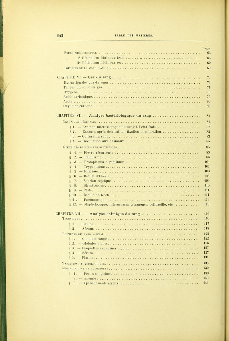 Pages Etude michoscopîque 65 1° Rcticulum fibrincux frais » 65 2» Réticulum filjrineux sec 69 Théories de la coaoulation G9 CHAPITRE VI. — Gaz du sang 73 Extraction des gaz du sang 73 Teneur du sang en gaz 74 Oxygène 76 Acide carbonique 79 Azote 80 Oxyde de carbone 80 CHAPITRE VII. — Analyse bactériologique du sang 81 Technique générale 81 § 1. — Examen microscopique du sang à l'état frais 82 § 2. — Examen après dessication, fixation et coloration 82 § 3. — Culture du sang 83 § 4. — Inoculation aux animaux 85 Étude des pri.ncipales septicémies 85 § 1. — Fièvre récurrente 85 § 2. - Paludisme 86 § 3. — Protoplasma bigeminum 101 § 4. — Trypanosome 101 § 5. — Filariose 103 § 6. — Bacille d'Eberth 108 § 7. — Vibrion septique 109 § 8. - Streptocoque , 110 § 9. — Pe.ste 111 § 10. — Bacille de Koch 111 § 11. — Pneumocoque 113 § 12. — Staphylocoque, micrococcus tetragenns, colibacille, etc 113 CHAPITRE VIII. — Analyse chimique du sang 116 Technique 116 § 1. — Caillot 117 § 2. — Sérum : 118 Elé.ments du sang normal 122 § 1. — Globules rouges - 122- § 2. - Globules blancs 126 § 3. — Plaquettes sanguines 127 § 4. — Sérum 127 § 0. - Plasma 131 Variations physiologiques 135 Modifications pathologiques 139 § 1. — Pertes sanguines 139 § 2. — Anémie 140 § 3. — Épanchements séreux 143