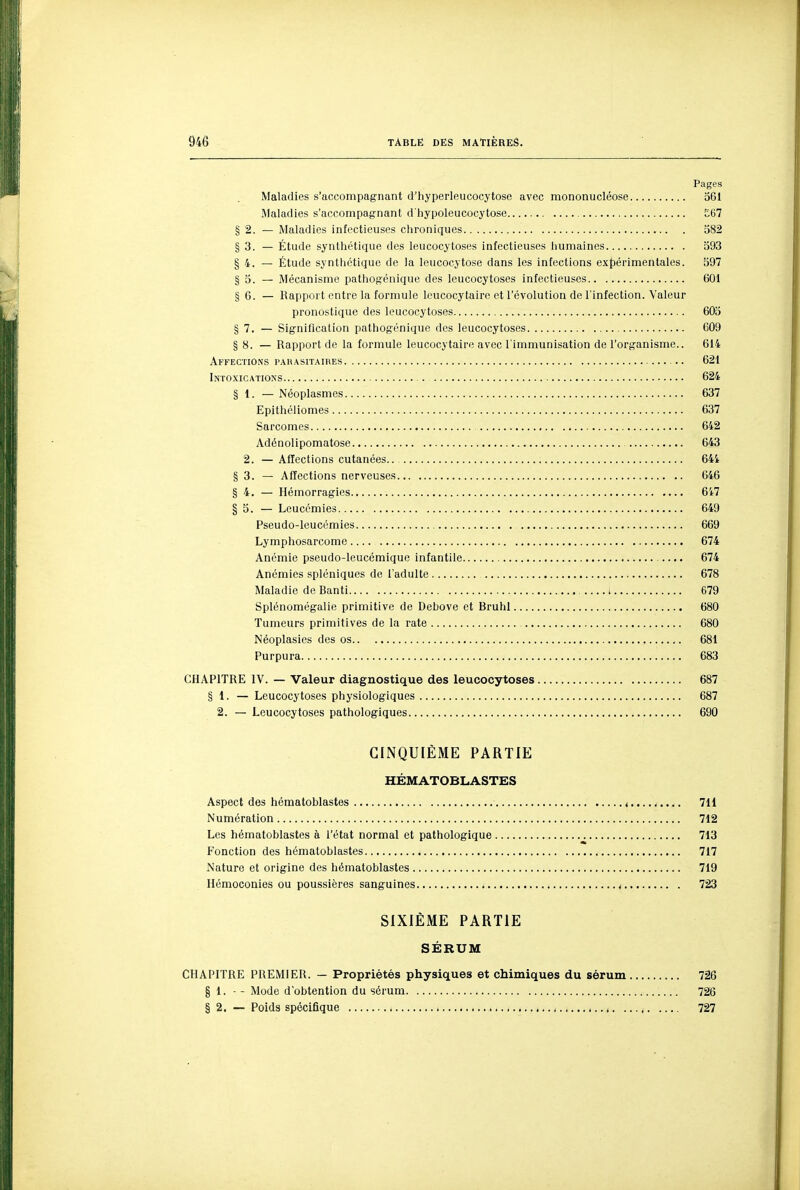 Pages Maladies s'accompagnant d'hyperleucocytose avec mononucléose 361 Maladies s'acconipagnant d'hypoleucocytose E67 § 2. — Maladies infectieuses chroniques 582 § 3. — Étude syntiiétique des leucocytoses infectieuses humaines 593 § 4. — Étude synthétique de la leucocytose dans les infections expérimentales. 597 § 5. — Mécanisme pathogénique des leucocytoses infectieuses 601 § 6. — Rapport entre la formule leucocytaire et l'évolution de l'infection. Valeur pronostique des leucocytoses 603 § 7. — Signification pathogénique des leucocytoses 609 § 8. — Rapport de la formule leucocytaire avec l'immunisation de l'organisme.. 614 Affections parasitaires 621 Intoxications 624 § 1. — Néoplasmes 637 Epithéliomes 637 Sarcomes 642 Adénolipomatoso 643 2. — Affections cutanées 644 § 3. — Affections nerveuses 646 § 4. — Hémorragies 6it7 § 5. — Leucémies 649 Pseudo-leucémies 669 Lymphosarcomc 674 Anémie pseudo-leucémique infantile 674 Anémies spléniques de l'adulte 678 Maladie de Banti i 679 Splénomégalie primitive de Debove et Bruhl 680 Tumeurs primitives de la rate 680 Néoplasies des os 681 Purpura 683 CHAPITRE IV. — Valeur diagnostique des leucocytoses 687 § 1. — Leucocytoses physiologiques 687 2. — Leucocytoses pathologiques 690 CINQUIÈME PARTIE HÉMATOBLASTES Aspect des hématoblastes < 711 Numération 712 Les hématoblastes à l'état normal et pathologique 713 Fonction des hématoblastes 717 Nature et origine des hématoblastes 719 Hémoconies ou poussières sanguines v 723 SIXIÈME PARTIE SÉRUM CHAPITRE PREMIER. — Propriétés physiques et chimiques du sérum 726 § 1. - - Mode d'obtention du sérum 726 § 2. — Poids spécifique 727