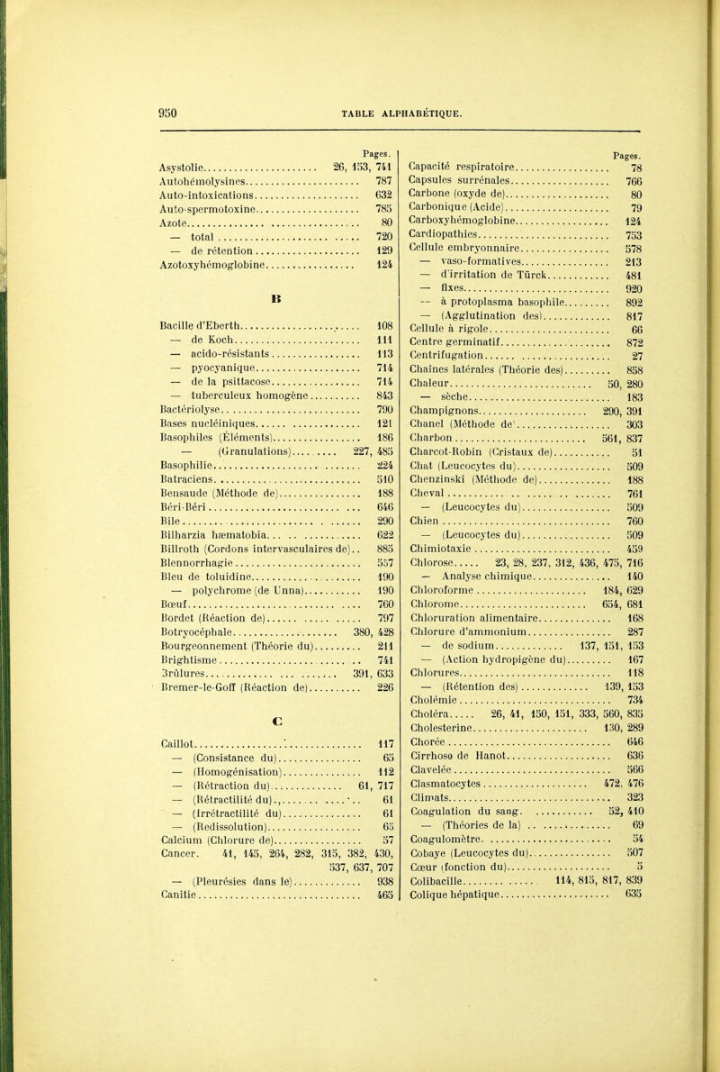Pages. Asystolie 26, 153, 741 Autohémolysincs 787 Auto-intoxications 632 Auto-spermotoxine 785 Azote 80 — total 720 — de rétention 129 Azotoxyhémoglobine 124 IS Bacille d'Ebertii 108 — de Kocli 111 — acido-résistants 113 — pyocyanique 714 — de la psittacose 714 — tuberculeux homogène 843 Bactériolyse 790 Bases nucléiniques 121 Basophiles (Éléments) 186 — (Granulations) 227, 485 Basophilie 2J24 Batraciens 510 Bensaude (Méthode de) 188 Béri-Béri 646 Bile 290 Bilharzia hœmatobia 622 Billroth (Cordons intervasculaires de).. 885 Blennorrhagie 5t)7 Bleu de toluidine 190 — polychrome (de Unna) 190 Bœuf 760 Bordet (Réaction de) 797 Botryocéphale 380, 428 Bourgeonnement (Théorie du) 211 Brightisme .. 741 Brûlures 391, 633 ■ Bremer-le-Gofï (Réaction de) 226 C Caillot : 117 — (Consistance du) 65 — (Homogénisation) 112 — (Rétraction du) 61, 717 — (Rétractilité du)., ■.. 61 — (Irrétractilité du) 61 — (Redissolution) 65 Calcium (Chlorure de) 57 Cancer. 41, 145, 264, 282, 315, 382, 430, 537, 637, 707 — (Pleurésies dans le) 938 Canitie 465 Pages. Capacité respiratoire 78 Capsules surrénales 766 Carbone (oxyde de) 80 Carbonique (Acide) 79 Carboxyhémoglobine 124 Cardiopathies 733 Cellule embryonnaire 578 — vaso-formatives 213 - d'irritation de Tûrck 481 — fixes 920 — à protoplasma basophilc 892 — (Agglutination des) 817 Cellule à rigole 66 Centre germinatif 872 Centrifugation 27 Chaînes latérales (Théorie des) 858 Chaleur 50, 280 — sèche 183 Champignons 290, 391 Chanel (Méthode de' 303 Charbon 561, 837 Charcot-Robin (Cristaux de) 51 Chat (Leucocytes du) 509 Chenzinski (Méthode de) 188 Cheval 761 — (Leucocytes du) 509 Chien 760 — (Leucocytes du) 509 Chimiotaxie 459 Chlorose 23, 28, 237, 312, 436, 475, 716 — Analyse chimique 140 Chloroforme 184, 629 Chlorome 654, 681 Chloruration alimentaire 168 Chlorure d'ammonium 287 — de sodium 137, 131, 153 — (Action hydropigène du) 167 Chlorures 118 — (Rétention des) 139, 153 Cholémie 734 Choléra 26, 41, 150, 151, 333, 560, 835 Cholesterine 130, 289 Chorée 646 Cirrhose de Hanot 636 Clavelée 566 Clasmatocytes 472, 476 Climats 323 Coagulation du sang 52, 410 — (Théories de la) 69 Coagulomètre 54 Cobaye (Leucocytes du) 507 Cœur (fonction du) 5 Colibacille 114, 815, 817, 839 Colique hépatique 635