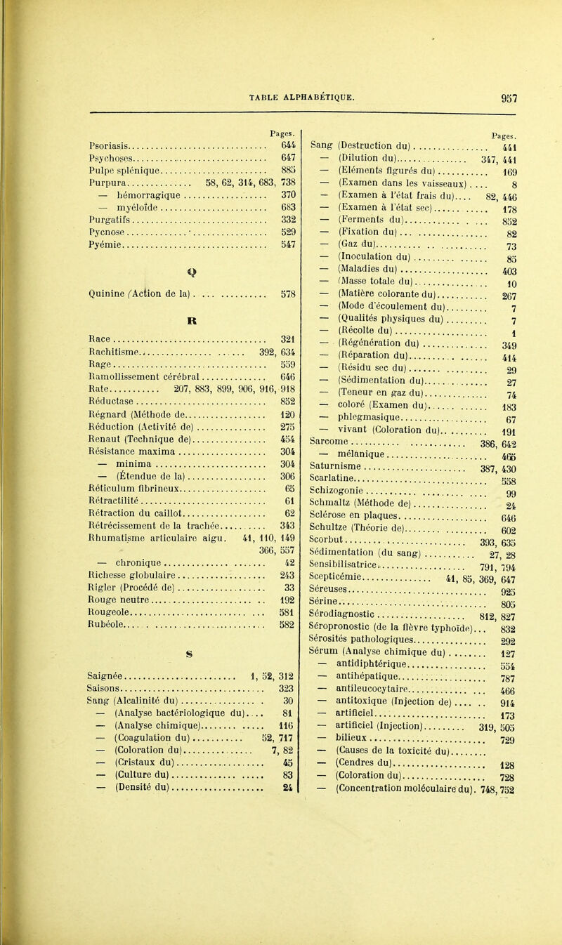 Pages. Psoriasis 644 Psychoses 647 Pulpe splénique 88a Purpura 58, 62, 314, 683, 738 — hémorragique 370 — myéloîde 683 Purgatifs 332 Pycnose • 829 Pyémie 547 Q Quinine f Action de la) 578 R Race 321 Rachitisme 392, 634 Rage 559 Ramollissement cérébral 646 Rate 207, 883, 899, 906, 916, 918 Réductase 852 Régnard (Méthode de 120 Réduction (Activité de) 275 Renaut (Technique de) 454 Résistance maxima 304 — minima 304 — (Étendue de la) 306 Réticulum flbrineux 65 Rétractilité 61 Rétraction du caillot 62 Rétrécissement de la trachée 343 Rhumatisme articulaire aigu. 41, 110, 149 366, 557 — chronique 42 Richesse globulaire 243 Rigler (Procédé de) 33 Rouge neutre 192 Rougeole 581 Rubéole 582 Saignée 1, 52, 312 Saisons 323 Sang (Alcalinité du) 30 — (Analyse bactériologique du).... 81 — (Analyse chimique) 116 — (Coagulation du) 52, 717 — (Coloration du) 7, 82 — (Cristaux du) 45 — (Culture du) 83 — (Densité du) 24 Pages. Sang (Destruction du) 441 — (Dilution du) 347^ 441 — (Eléments figurés du) 169 — (Examen dans les vaisseaux).... 8 — (Examen a l'état frais du) 82, 446 — (Examen à l'état sec) i78 — {Ferments du) 852 — (Fixation du) — (Gaz du) 73 — (Inoculation du) §5 — (Maladies du) 4Q3 — (Masse totale du) iq — (Matière colorante du) 267 — (Mode d'écoulement du) 7 — (Qualités physiques du) 7 — (Récolte du) j — (Régénération du) 349 — (Réparation du) 4^4 — (Résidu sec du) 29 — (Sédimentation du) 27 — (Teneur en gaz du) 74 — coloré (Examen du) 183 — phlegmasique 57 vivant (Coloration du) igi Sarcome 386, 642 — mélanique 4gg Saturnisme 387, 430 Scarlatine tjgg Schizogonie gg Schmaltz (Méthode de) 24 Sclérose en plaques 64e Schultze (Théorie de) 602 393, 635 Scorbut. Sédimentation (du sang) 27 28 Sensibilisatrice 79^ •594 Scepticémie 41, 85, 369,' 647 Séreuses 92g Sérine. 805 Sérodiagnostic 812 827 Séropronostic (de la fièvre typhoïde)... 832 Sérosités pathologiques 292 Sérum (Analyse chimique du) 127 — antidiphtérique 354 — antihépatique 787 — antileucocytaire 4g6 — antitoxique (Injection de) 914 — artificiel.... 173 — artificiel (Injection) 319, 50g — bilieux 729 — (Causes de la toxicité du) — (Cendres du) , |28 — (Coloration du) 723 — (Concentration moléculaire du). 748,752