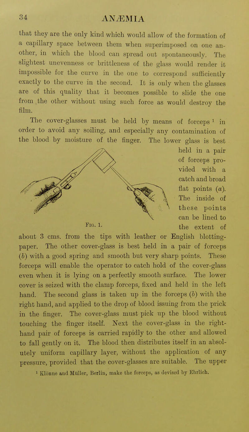 that they are the only kind which would allow of the formation of a capillary space between them wlien superimposed on one an- other, in whicli the blood can spread out spontaneously. Tlie slightest unevenness or brittleness of the glass would render it impossible for the curve in the one to correspond sufficiently exactly to the curve in the second. It is only when the glasses are of this quality that it becomes possible to slide the one from the other without using such force as would destroy the film. The cover-glasses must be held by means of forceps ^ in order to avoid any soiling, and especially any contamination of the blood by moisture of the finger. The lower glass is best held in a pair of forceps pro- vided with a catch and broad flat points (a). The inside of these points can be lined to the extent of about 3 cms. from the tips with leather or English blotting- paper. The other cover-glass is best held in a pair of forceps (b) with a good spring and smooth but very sharp points. These forceps will enable the operator to catch hold of the cover-glass even when it is lying on a perfectly smooth surface. The lower cover is seized with the clamp forceps, fixed and held in the left hand. The second glass is taken up in the forceps (&) with the right hand, and applied to the drop of blood issuing from the prick in the finger. The cover-glass must pick up the blood without touching the finger itself. Next the cover-glass in the right- hand pair of forceps is carried rapidly to the other and allowed to fall gently on it. The blood then distributes itself in an absol- utely uniform capillary layer, without the application of any pressure, provided that the cover-glasses are suitable. The upper 1 Kl(3nne andMuUer, Berlin, make the forceps, as devised by Elirlich.