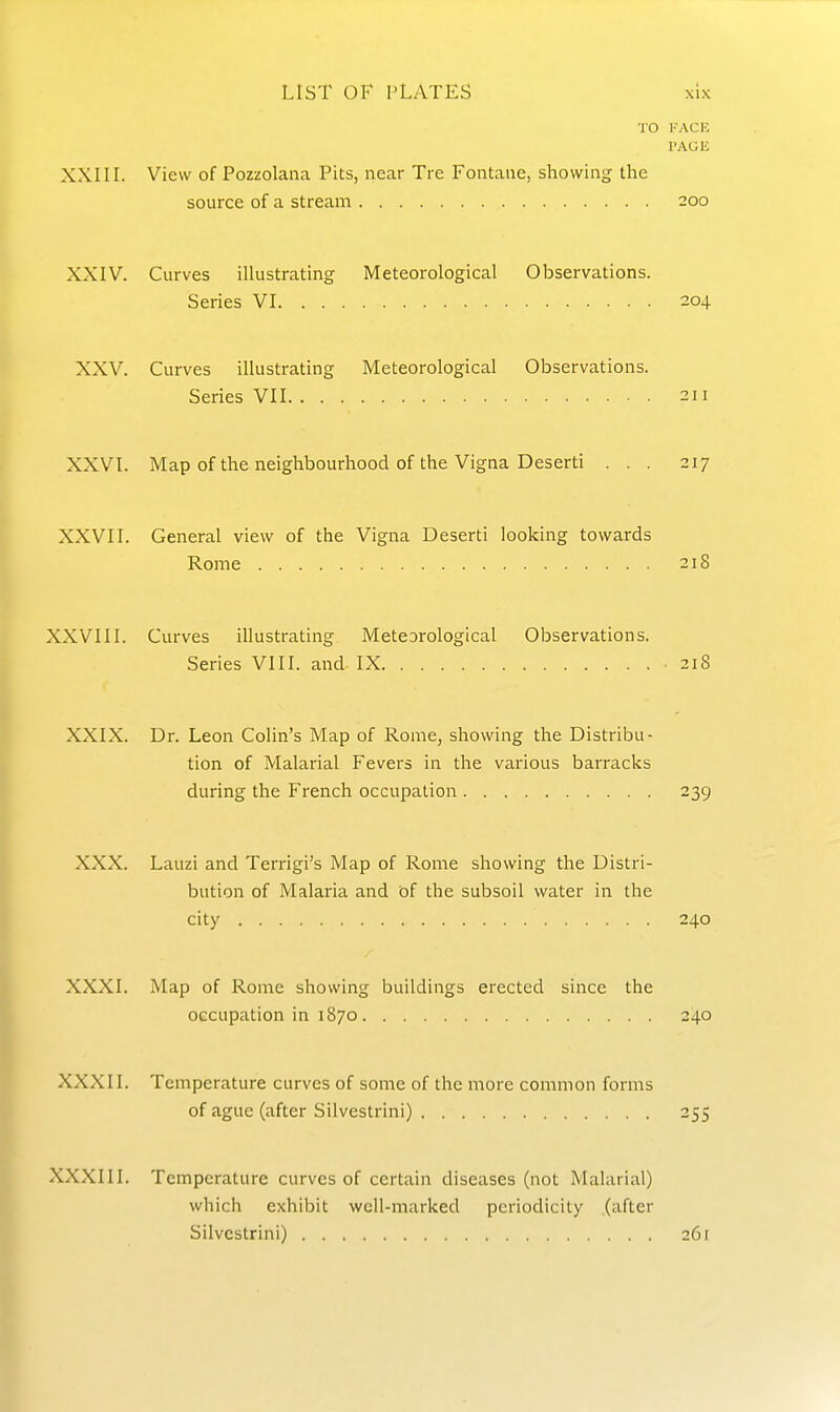 I'O I'ACIC I'AUE XXIIL View of Pozzolana Pits, near Tre Fontaiie, showing the source of a stream 200 XXIV. Curves illustrating Meteorological Observations. Series VI 204 XXV. Curves illustrating Meteorological Observations. Series VII 211 XXVI. Map of the neighbourhood of the Vigna Deserti ... 217 XXVII. General view of the Vigna Deserti looking towards Rome 218 XXVIII. Curves illustrating Meteorological Observations. Series VIII. and IX 218 XXIX. Di-. Leon Colin's Map of Rome, showing the Distribu- tion of Malarial Fevers in the various barracks during the French occupation 239 XXX. Lauzi and Terrigi's Map of Rome showing the Distri- bution of Malaria and of the subsoil water in the city 240 XXXI. Map of Rome showing buildings erected since the occupation in 1870 240 XXXII. Temperature curves of some of the more common forms of ague (after Silvestrini) 255 XXXIII. Temperature curves of certain diseases (not Malarial) which exhibit well-marked periodicity (after Silvestrini) 261
