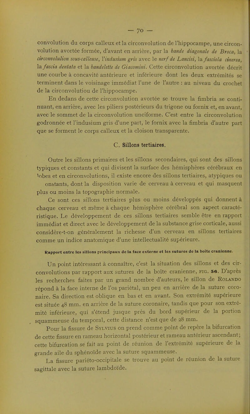 convolution du corps calleux et la circonvolution de l'hippocampe, une circon- volution avortée formée, d'avant en arrière, par la bande diagonale de Broca, la circonvolulion sous-calleuse, Vindusium gris avec le nerf de Lancisi, la fasciola cinerea, la fascia dentata et la bandelette de Giacomini. Cette circonvolution avortée décrit une courbe à concavité antérieure et inférieure dont les deux extrémités se terminent dans le voisinage immédiat l'une de l'autre : au niveau du crochet de la circonvolutiou de l'hippocampe. En dedans de cette circonvolution avortée se trouve la fimbria se conti- nuant, en arrière, avec les piliers postérieurs du trigone ou fornix et, en avant, avec le sommet de la ciixonvolution unciforme. C'est entre la circonvolution godronnée et l'indusium gris d'une part, le fornix avec la fimbria d'autre part que se forment le corps calleux et la cloison transparente. C. Sillons tertiaires. Outre les sillons primaires et les sillons secondaires, qui sont des sillons typiques et constants et qui divisent la surface des hémisphères cérébraux en lobes et en circonvolutions, il existe encore des sillons tertiaires, at5'-piques ou onstants, dont la disposition varie de cerveau à cerveau et qui masquent plus ou moins la topogi'aphie normale. Ce sont ces sillons tertiaires plus ou moins développés qui donnent à chaque cerveau et même à chaque hémisphère cérébral son aspect caracté- ristique. Le développement de ces sillons tertiaires semble être en rapport immédiat et direct avec le développement de la substance grise corticale, aussi considère-t-on généralement la richesse d'un cerveau en sillons tertiaires comme un indice anatomique d'une intellectualité supérieure. Rapport entre les sillons principaux de la face externe et les sutures de la boîte crânienne. Un point intéressant à connaître, c'est la situation des sillons et des cir- convolutions par rapport aux sutures de la boîte crânienne, fig. 56. D'après les recherches faites par un grand nombre d'auteurs, le sillon de Rolando répond à la face interne de l'os pariétal, un peu en arrière de la suture coro- naire. Sa direction est oblique en bas et en avant. Son extrémité supérieure est située 48 mm. en arrière de la suture coronaire, tandis que pour son extré- mité inférieure, qui s'étend jusque près du bord supérieur de la portion squammeuse du temporal, cette distance n'est que de 28 mm. Pour la fissure de Sylvius on prend comme point de repère la bifurcation de cette fissure en rameau horizontal postérieur et rameau antérieur ascendant; cette bifurcation se fait au point de réunion de l'extrémité supérieure de la grande aile du sphénoïde avec la suture squammeuse. La fissure pariéto-occipilale se trouve au point de réunion de la suture sagittale avec la suture lambdoïde.