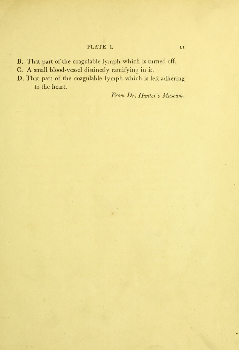 B. That part of the coagulable lymph which is turned off. C. A small blood-vessel distinctly ramifying in it. D. That part of the coagulable lymph which is left adhering to the heart.