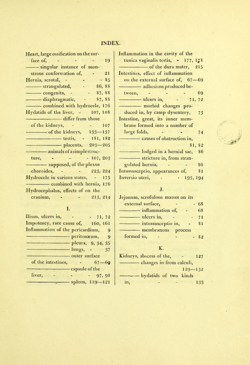 Heart, large ossification on the sur- face of, - - 19 singular instance of mon- strous conformation of, - 21 Hernia, scrotal, - - - 85 strangulated, - 86, 88 congenita, - - 87,88 diaphragmatic, - 87, 8 8 combined with hydrocele, 176 Hydatids of the liver, - 107, 108 differ from those of the kidneys, - - 107 of the kidneys, testis, placenta, 133—137 181, 182 203—205 animals of asimplestruc- ture, - - - 107, 203 supposed, of the plexus choroides, - - 223, 224 Hydrocele in various states, - 175 combined with hernia, 4 76 Hydrocephalus, effects of on the cranium, - - 213, 214 I. Ilium, ulcers in, - - 71, 72 Impotency, rare cause of, 160, 161 Inflammation of the pericardium, 9 peritonaeum, 9 pleura, 9, 34, 35 lungs, - 37 outer surface of the intestines, - 67—69 capsule ofthe liver, - - 97, 98 — spleen, 119—121 Inflammation in the cavity of the tunica vaginalis testis, - 177, 1^8 of the dura mater, 215 Intestines, effect of inflammation on the external surface of, 67—69 adhesions produced be- tween, - - - 69 ulcers in, - 71, 72 morbid changes pro- duced in, by camp dysentery, 73 Intestine, great, its inner mem- brane formed into a number of large folds, 74 causes of obstruction in, 81, 82 lodged in a hernial sac, 86 stricture in, from stran- gulated hernia, - 86 Intussusceptio, appearances of, 81 Inversio uteri, - - 193, 194 J. Jejunum, scrofulous masses on its external surface, - - 68 inflammation of, - 68 ulcers in, - - 71 intussusceptio in, - 81 membranous process formed in, - - - 82 K. Kidneys, abscess of the, - 127 changes in from calculi, 129—132 hydatids of two kinds in, 133