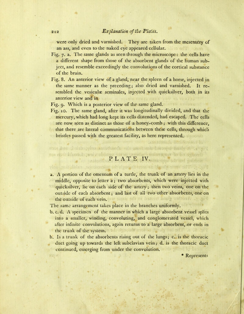were only dried and varnished. They are taken from the mesentery of an ass, and even to the naked eye appeared cellular. Fig. 7. a. The same glands as seen through the microscope : the cells have a different shape from those of the absorbent glands of the human sub- ject, and resemble exceedingly the convolutions of the cortical substance of the brain. Fig. 8. An anterior view of a gland, near the spleen of a horse, injected in the same manner as the preceding j also dried and varnished. It re- sembled the vesiculae seminales, injected with quicksilver, both in its anterior view and in Fig. 9. Which is a posterior view of the same gland. Fig. 10. The same gland, after it was longitudinally divided, and that the mercury, which had long kept its cells distended, had escaped. The cells are now seen as distinct as those of a honey-comb ; with this difference, that there are lateral communications between these cells, through which bristles passed with the greatest facility, as here represented. PLATE IV. a. A portion of the omentum of a turtle, the trunk of an artery lies in the middle, opposite to letter a; two absorbents, which were injected with quicksilver, lie on each side of the artery; then two veins, one on the outside of each absorbent; and last of ail two other absorbents, one on the outside of each vein. r The same arrangement takes place in the branches uniformly. b. c. d. A specimen of the manner in which a large absorbent vessel splits into a smaller, winding, convoluting, and conglomerated vessel, which after infinite convolutions, again returns to a large absorbent, or ends in the trunk of the system. b. Is a trunk of the absorbents rising out of the lungs; c. is the thoracic duct going up towards the left subclavian vein; d. is the thoracic duct continued, emerging from under the convolution. * Represents