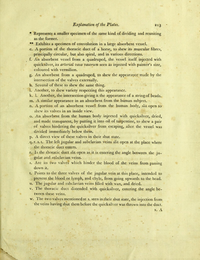 * Repre$ents a smaller specimen of the same kind of dividing and reuniting as the former. ** Exhibits a specimen of convolution in a large absorbent vessel. e. A portion of the thoracic duct of a horse, to shew its muscular fibres, principally circular, but also spiral, and in various directions. f. An absorbent vessel from a quadruped, the vessel itself injected with quicksilver, its arterial vasa vasorum seen as injected with painter’s size, coloured with vermilion. g. An absorbent from a quadruped, to shew the appearance made by the intersection of the valves externally. h. Several of these to shew the same thing. i. Another, to shew variety respecting this appearance. k. 1. Another, the intersection giving it the appearance of a string of beads. m. A similar appearance in an absorbent from the human subject. n. A portion of an absorbent vessel from the human body, slit open to shew its valves in an inside view. o. An absorbent from the human body injected with quicksilver, dried, and made transparent, by putting it into oil of turpentine, to shew a pair of valves hindering the quicksilver from escaping, after the vessel was divided immediately below them. p. A direct view of these valves in their shut state. ,q. r. s. t. The left jugular and subclavian veins slit open at the place where the thoracic duct enters. r. Is the thoracic duct slit open as it is entering the angle between the ju- gular and subclavian veins. s. Are its two valves which hinder the blood of the veins from passing down it. t. Points to the three valves of the jugular vein at this place, intended to prevent the blood or lymph, and chyle, from going upwards to the head. u. The jugular and subclavian veins filled with wax, and dried. V. The thoracic duct distended with quicksilver, entering the angle be- tween these veins. w. The two valves mentioned at s. seen in their shut state, the injection from the veins having shut them before the quicksilver was thrown into the duct. X. A