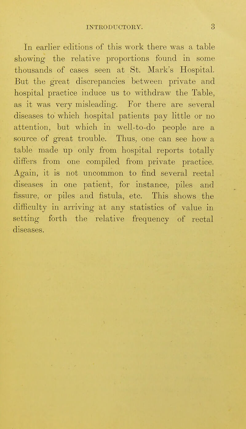 In earlier editions of this work there was a table showing the relative proportions found in some thousands of cases seen at St. Mark's Hospital. But the great discrepancies between private and hospital practice induce us to withdraw the Table, as it was very misleading. For there are several diseases to which hospital patients pay little or no attention, but which in well-to-do people are a source of great trouble. Thus, one can see how a table made up only from hospital reports totally differs from one compiled from private practice. Again, it is not uncommon to find several rectal diseases in one patient, for instance, piles and fissure, or piles and fistula, etc. This shows the difficulty in arriving at any statistics of value in setting forth the relative frequency of rectal diseases.