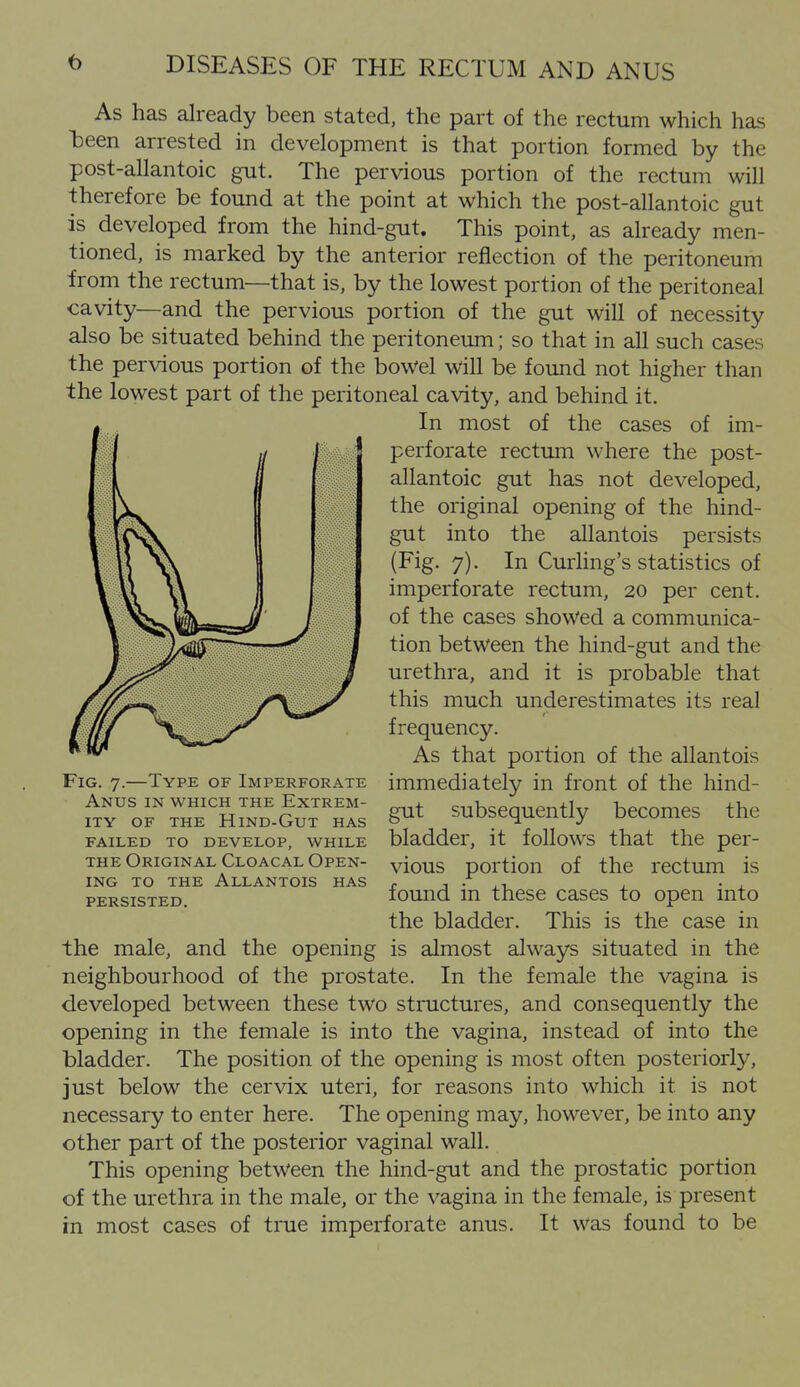 As has already been stated, the part of the rectum which has been arrested in development is that portion formed by the post-allantoic gut. The pervious portion of the rectum will therefore be found at the point at which the post-allantoic gut is developed from the hind-gut. This point, as already men- tioned, is marked by the anterior reflection of the peritoneum from the rectum—that is, by the lowest portion of the peritoneal cavity—and the pervious portion of the gut will of necessity also be situated behind the peritoneum; so that in all such cases the pervious portion of the bowel will be found not higher than the lowest part of the peritoneal cavity, and behind it. In most of the cases of im- perforate rectum where the post- allantoic gut has not developed, the original opening of the hind- gut into the allantois persists (Fig. 7). In Curhng's statistics of imperforate rectum, 20 per cent, of the cases showed a communica- tion between the hind-gut and the urethra, and it is probable that this much underestimates its real frequency. As that portion of the allantois immediately in front of the hind- gut subsequently becomes the bladder, it follows that the per- vious portion of the rectum is found in these cases to open into the bladder. This is the case in the male, and the opening is almost always situated in the neighbourhood of the prostate. In the female the vagina is developed between these two structures, and consequently the opening in the female is into the vagina, instead of into the bladder. The position of the opening is most often posteriorly, just below the cervix uteri, for reasons into which it is not necessary to enter here. The opening may, however, be into any other part of the posterior vaginal wall. This opening between the hind-gut and the prostatic portion of the urethra in the male, or the vagina in the female, is present in most cases of true imperforate anus. It was found to be Fig. 7.—Type of Imperforate Anus in which the Extrem- ity OF the Hind-Gut has FAILED TO DEVELOP, WHILE THE Original Cloacal Open- ing TO THE Allantois has persisted.