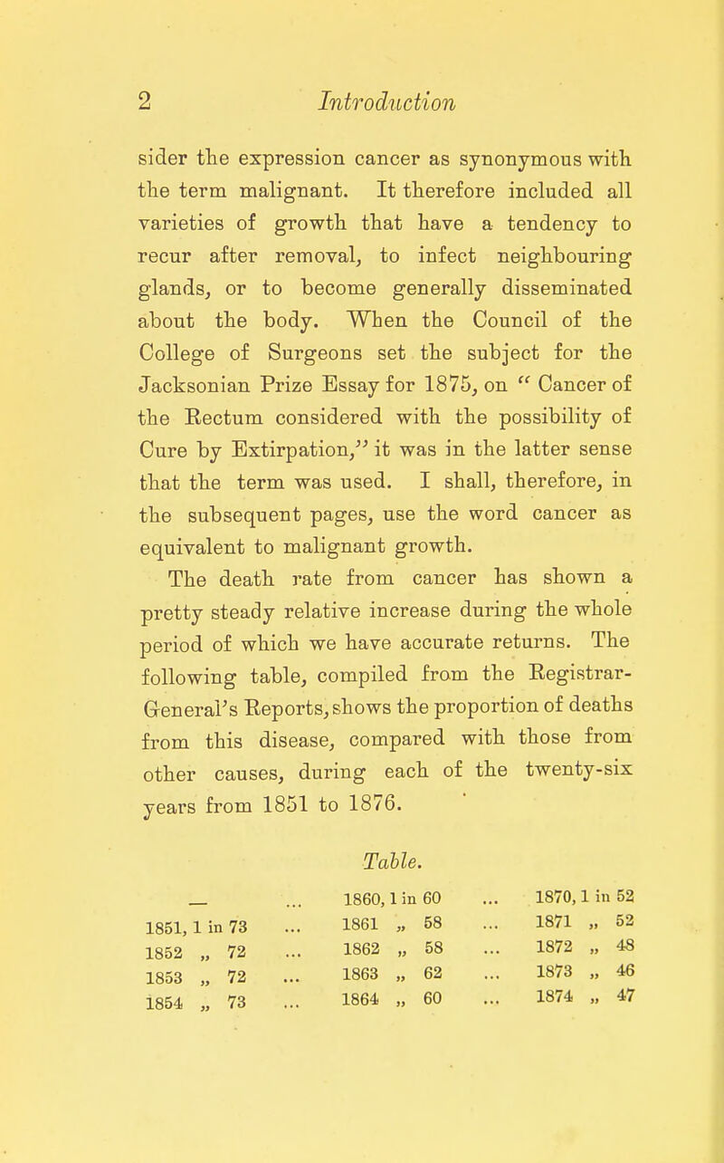sider the expression cancer as synonymous with the term malignant. It therefore included all varieties of growth that have a tendency to recur after removal^ to infect neighbouring glandsj or to become generally disseminated about the body. When the Council of the College of Surgeons set the subject for the Jacksonian Prize Essay for 1875, on  Cancer of the Rectum considered with the possibility of Cure by Extirpation, it was in the latter sense that the term was used. I shall, therefore, in the subsequent pages, use the word cancer as equivalent to malignant growth. The death rate from cancer has shown a pretty steady relative increase during the whole period of which we have accurate returns. The following table, compiled from the Eegistrar- G-enerai's Eeports, shows the proportion of deaths from this disease, compared with those from other causes, during each of the twenty-six years fi-om 1851 to 1876. 1851, 1 in 73 1852 „ 72 1853 „ 72 1854 „ 73 Table. I860,1 in 60 1861 „ 58 1862 „ 58 1863 „ 62 1864 „ 60 1870,1 in 52 1871 „ 52 1872 „ 48 1873 „ 46 1874 „ 47