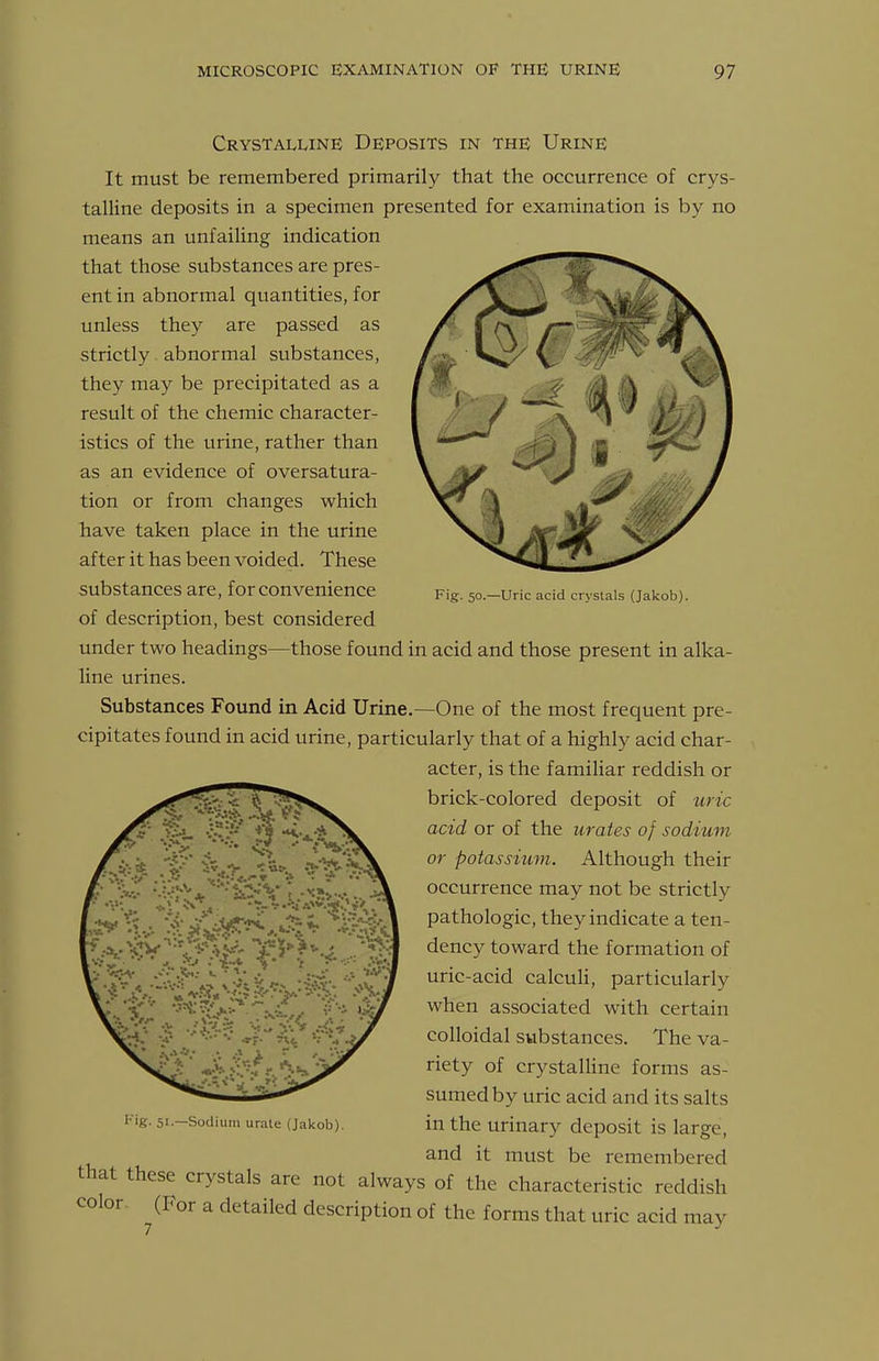 Fig. 50.—Uric acid crystals (Jakob). Crystalline Deposits in the Urine It must be remembered primarily that the occurrence of crys- talline deposits in a specimen presented for examination is by no means an unfailing indication that those substances are pres- ent in abnormal quantities, for unless they are passed as strictly abnormal substances, they may be precipitated as a result of the chemic character- istics of the urine, rather than as an evidence of over satura- tion or from changes which have taken place in the urine after it has been voided. These substances are, for convenience of description, best considered under two headings—those found in acid and those present in alka- line urines. Substances Found in Acid Urine.—One of the most frequent pre- cipitates found in acid urine, particularly that of a highly acid char- acter, is the familiar reddish or brick-colored deposit of uric acid or of the urates of sodium or potassium. Although their occurrence may not be strictly pathologic, they indicate a ten- dency toward the formation of uric-acid calculi, particularly when associated with certain colloidal substances. The va- riety of crystalHne forms as- sumed by uric acid and its salts in the urinary deposit is large, and it must be remembered that these crystals are not always of the characteristic reddish (For a detailed description of the forms that uric acid may Fig- 51—Soiliuiii urate (Jakob). color.