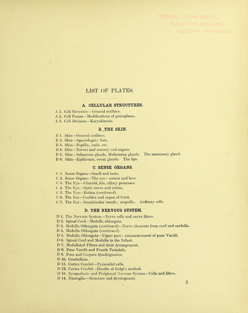 LIST OF PLATES. A. CELLULAR STRUCTURES. A 1. Cell Structure—General outlines. A 2. Cell Forms—Modifications of protoplasm. A 3. Cell Division—Karyokinesis. B. THE SKIN. B 1. Skin—General outlines. B 2. Skin—Appendages : hair. B 3. Skin—Papillte, nails, etc. B 4. Skin—Nerves and sensory end-organs. B 5. Skin—Sebaceous glands, Meibomian glands. The mammary gland. B 6. Skin—Epidermis, sweat glands. The lips. C. SENSE ORGANS. C 1. Sense Organs—Smell and taste. C 2. Sense Organs—The eye : cornea and lens. C 3. The Eye—Choroid, iris, ciliary processes. C 4. The Eye—Optic nerve and retina. C 5. The Eye—Ketina (continued). C 6. The Ear—Cochlea and organ of Corti. C 7. The Ear—Semicircular canals ; ampulla,'. Auditory cells. D. THE NERVOUS SYSTEM. D 1. The Nervous System—Nerve cells and nerve fibres. D 2. Spinal Cord—Medulla oblongata. D 3. Medulla Oblongata (continued)—Nerve elements from cord and medulla. D 4. Medulla Oblongata (continued). D 5. Medulla Oblongata—Upper part: commencement of pons Varolii. D 6. Spinal Cord and Medulla in the Infant. D 7. Medullated Fibres and their Arrangement. D 8. Pons Varolii and Fourth Ventricle. D 9. Pons and Corpora Quadrigemina. D 10. Cerebellum. D 11. Cortex Cerebri—Pyramidal cells. D 12. Cortex Cerebri—Results of Golgi's method. D 13. Sympathetic and Peripheral Nervous System—Cells and fibres. D 14. Neuroglia—Structure and development.