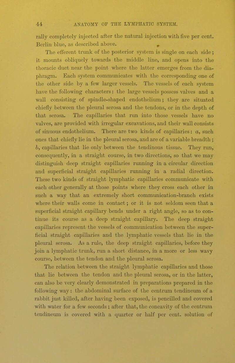 rally completely injected after the natural injection with five per cent. Berlin blue, as described above. ^ The efferent trimk of the posterior system is single on each side; it moimts obliquely towards the middle line, and opens into the thoracic duct near the point where the latter emerges from the dia- phragm. Each system commtmicates with the corresponding one of the other side by a few larger vessels. The vessels of each system have the following characters: the large vessels possess valves and a wall consisting of spindle-shaped endothelium; they are situated chiefly between the pleural serosa and the tendons, or in the depth of that serosa. The capillaries that rim into those vessels have no valves, are provided with irregular excavations, and their wall consists of sinuous endothelium. There are two kinds of capillaries : a, such ones that chiefly lie in the plem-al serosa, and are of a variable breadth ; 6, capillaries that lie only between the tendinous tissue. They rxm, consequently, in a straight course, in two directions, so that we may distinguish deep straight capillaries running in a circiilar direction and superficial straight capillaries running in a radial direction. These two kinds of straight lymphatic capillaries conmiuiiicate with each other generally at those points where they cross each other in such a way that an extremely short communication-branch exists where their walls come in contact; or it is not seldom seen that a superficial straight capillary bends under a right angle, so as to con- tinue its com-se as a deep straight capillary. The deep straight capillaries represent the vessels of commimication between the super- ficial straight capillaries and the lymphatic vessels that lie in the pleural serosa. As a rule, the deep straight capillaries, before they join a lymphatic trunk, rxm a short distance, in a more or less wavy course, between the tendon and the pleural serosa. The relation between the straight lymphatic capillaries and those that lie between the tendon and the pleural serosa, or in the latter, can also be very clearly demonstrated in preparations prepared in the following way: the abdominal sm-face of the centrum tendineum of a rabbit just killed, after having been exposed, is pencilled and covered with water for a few seconds ; after that, the concavity of the centrum tendineum is covered with a quarter or half per cent, solution of